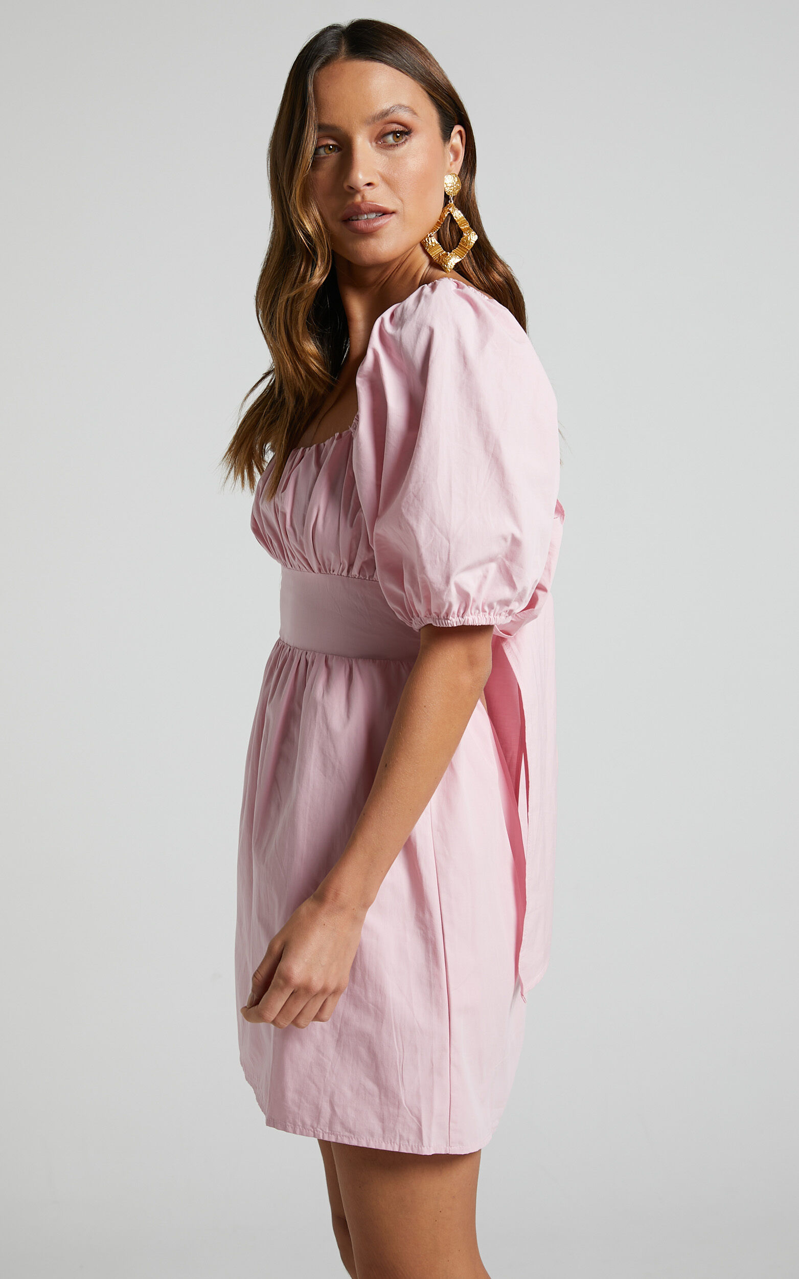 Branson Mini Dress - Short Puff Sleeve Tie Back Dress in Pink