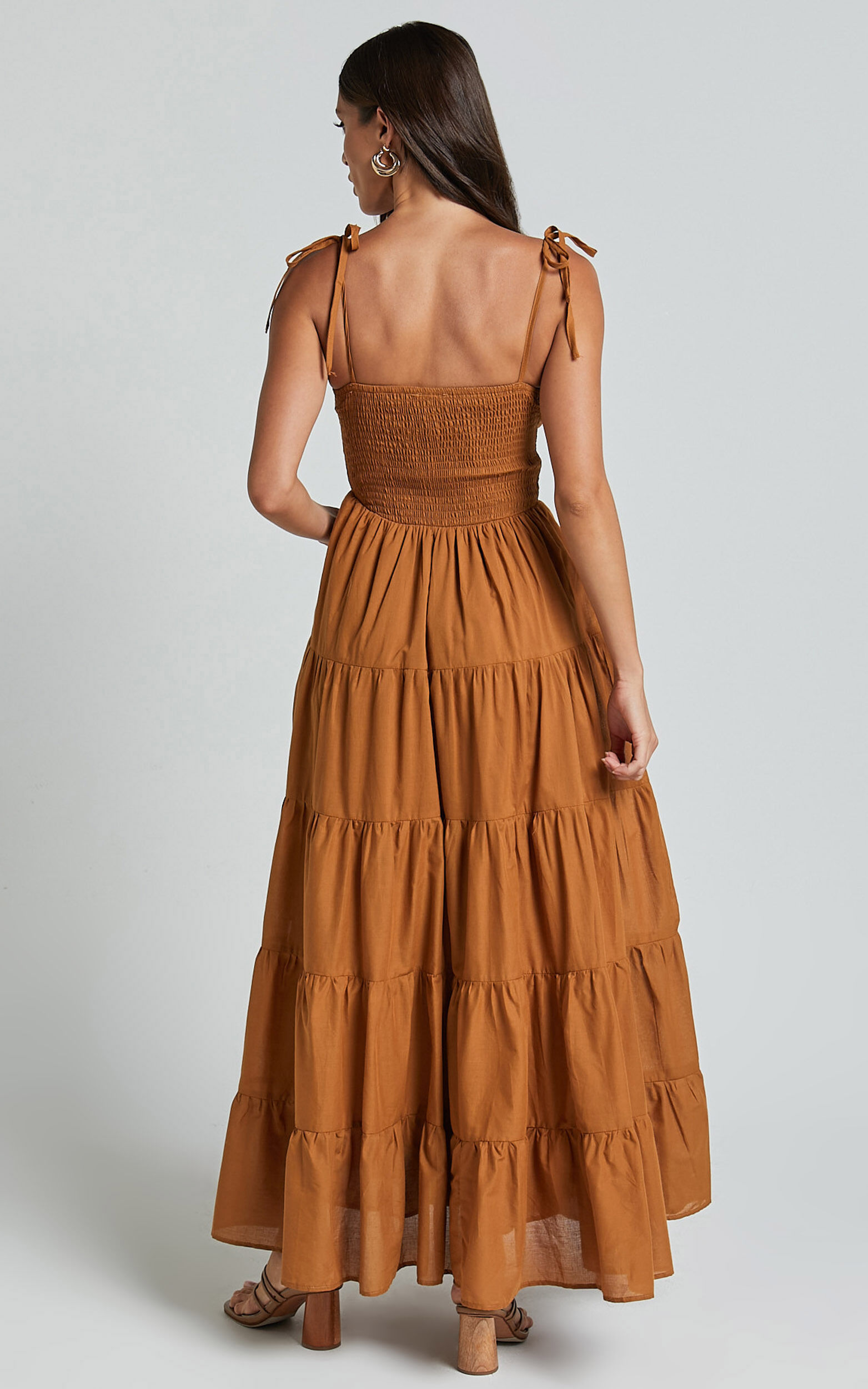 Angie Maxi Dress - Tie Strap Ruched Tiered Dress in Chocolate