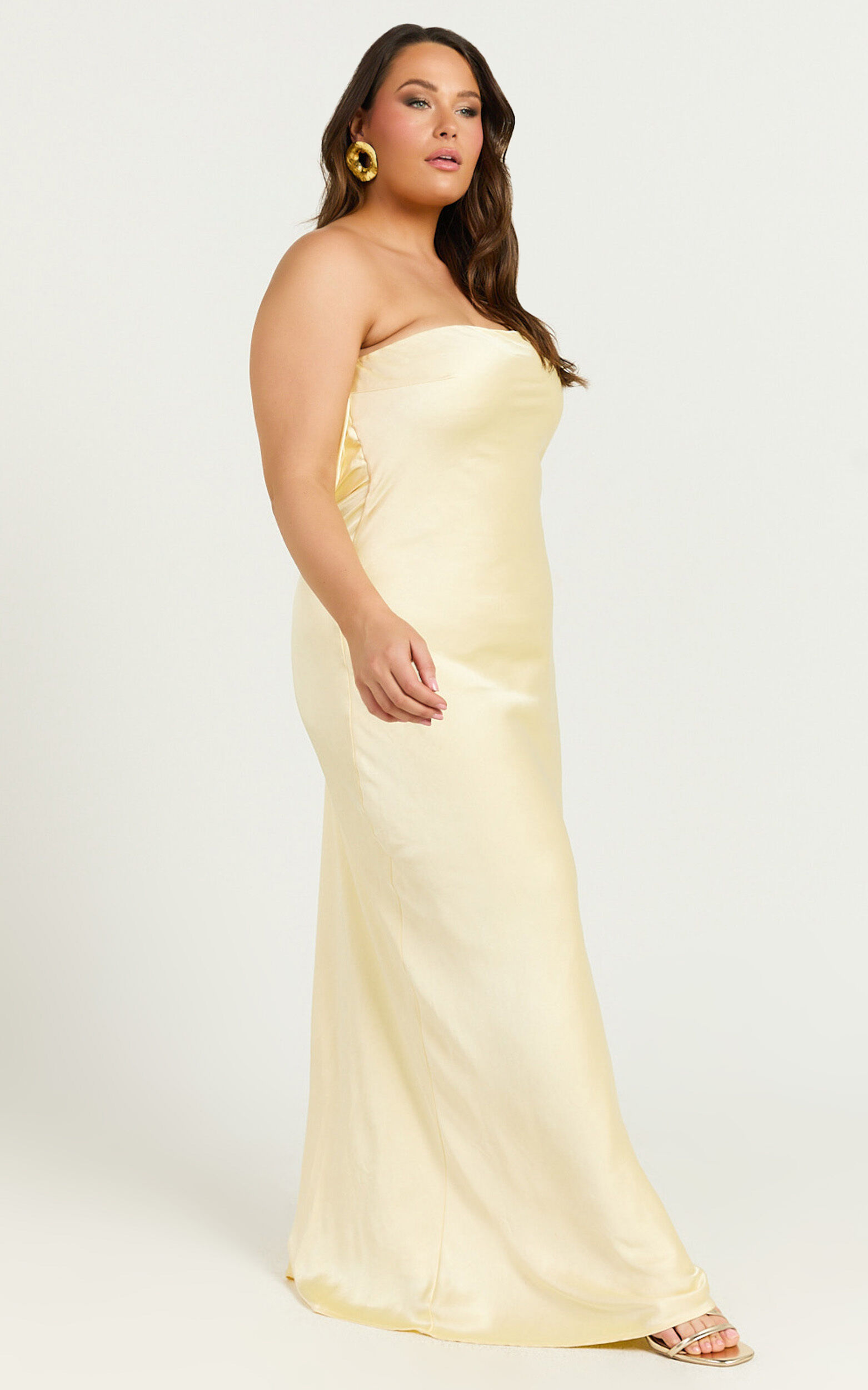 Charlita Maxi Dress - Strapless Cowl Back Satin Dress in Butter Yellow