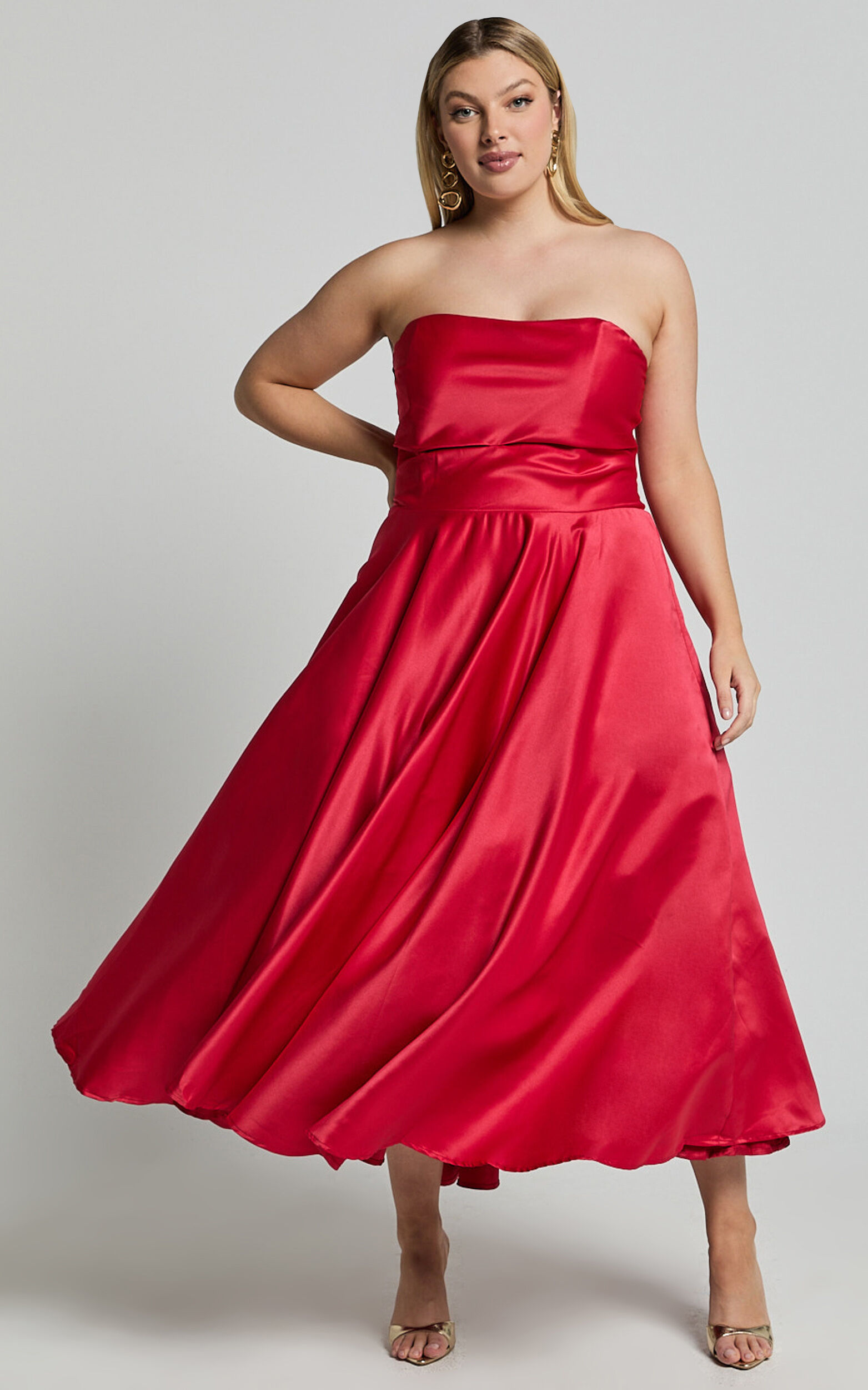 Helaina Midi Dress - Strapless A-Line Satin Dress in Red