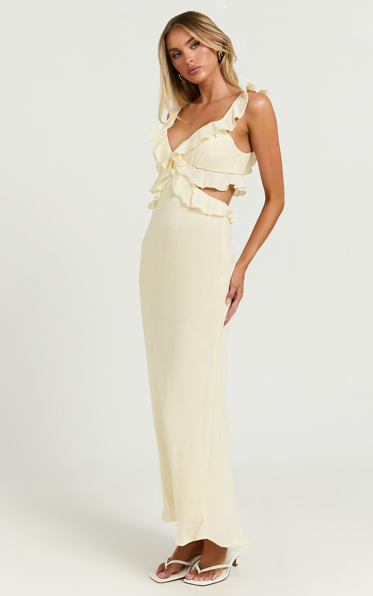 Dahlia Midi Dress - Ruffle Details Slip Dress in Lemon