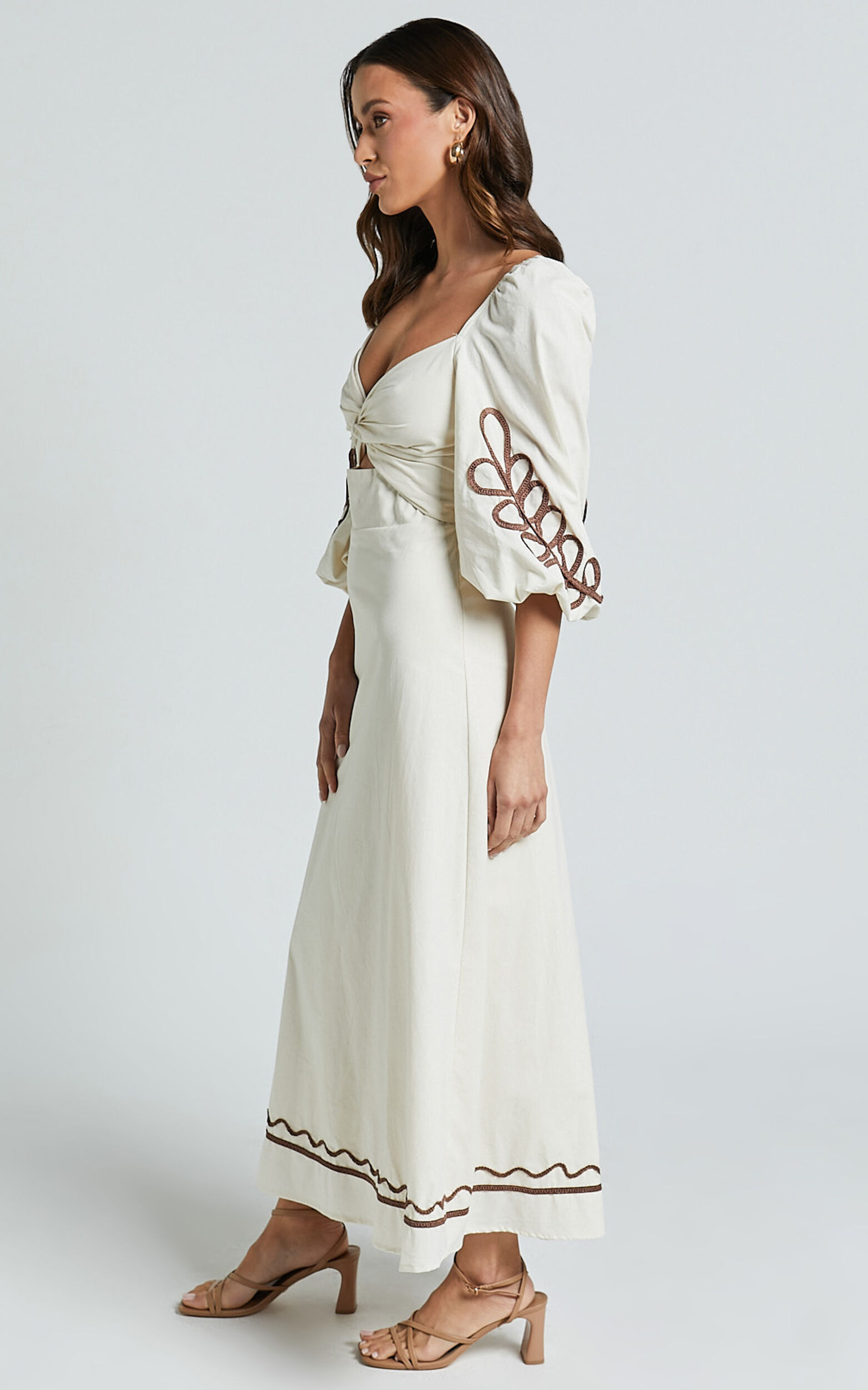 Isadora Midi Linen Dress - Cut Out Long Sleeve Contrast Embroidery Dress in Natural