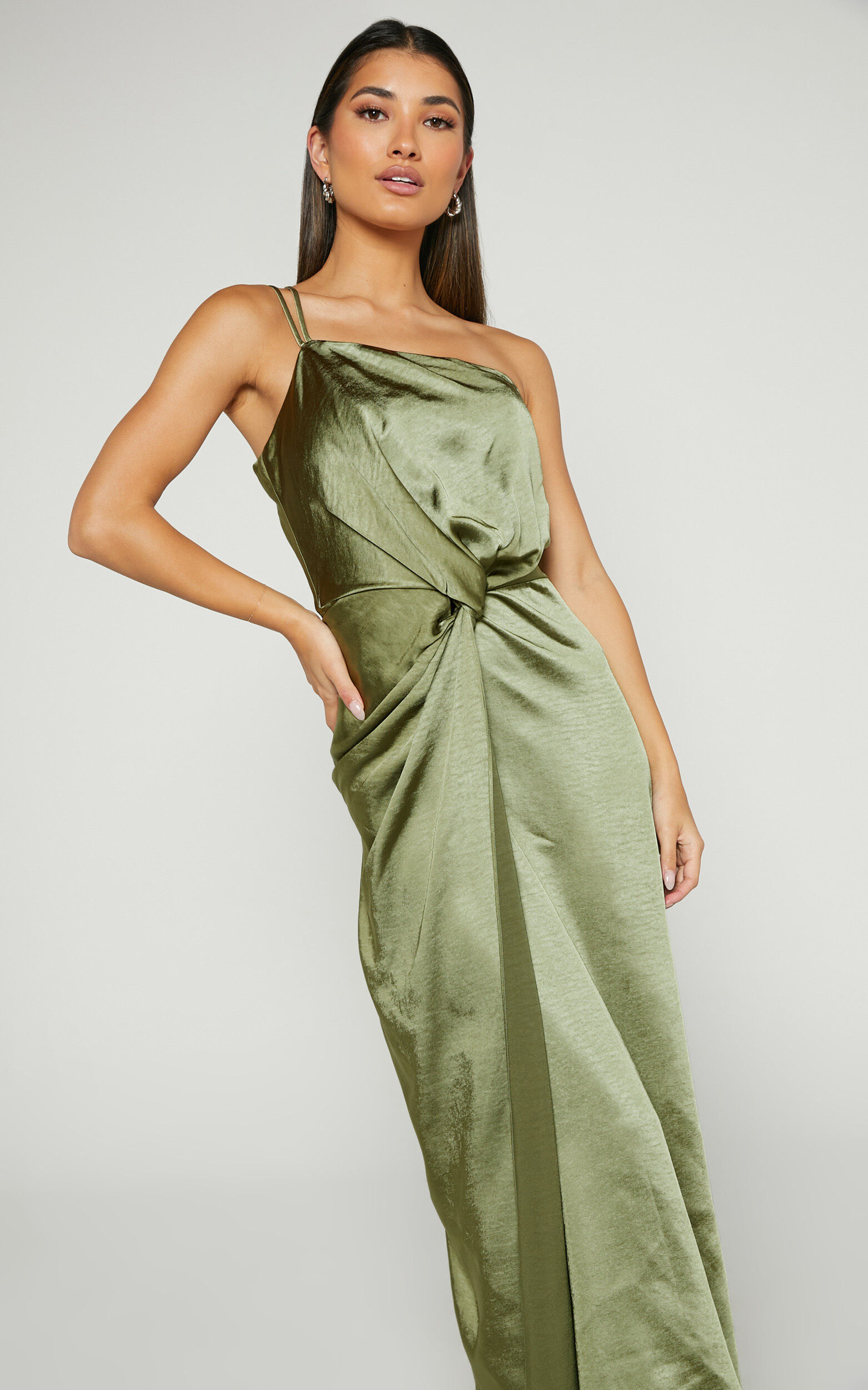 Estelle Midi Dress - One Shoulder Thigh Split Dress in Olive