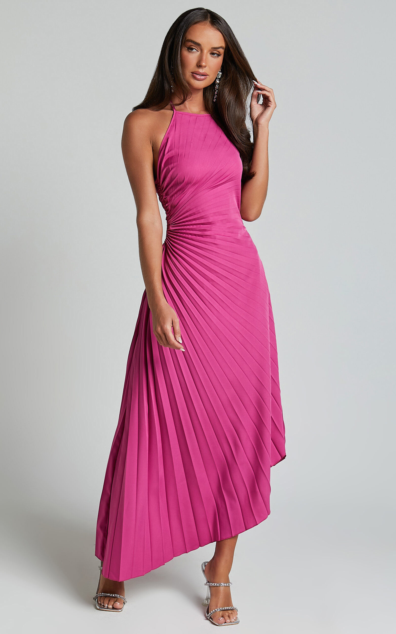 Gilly Midi Dress - Asymmetric Pleated Dress in Berry