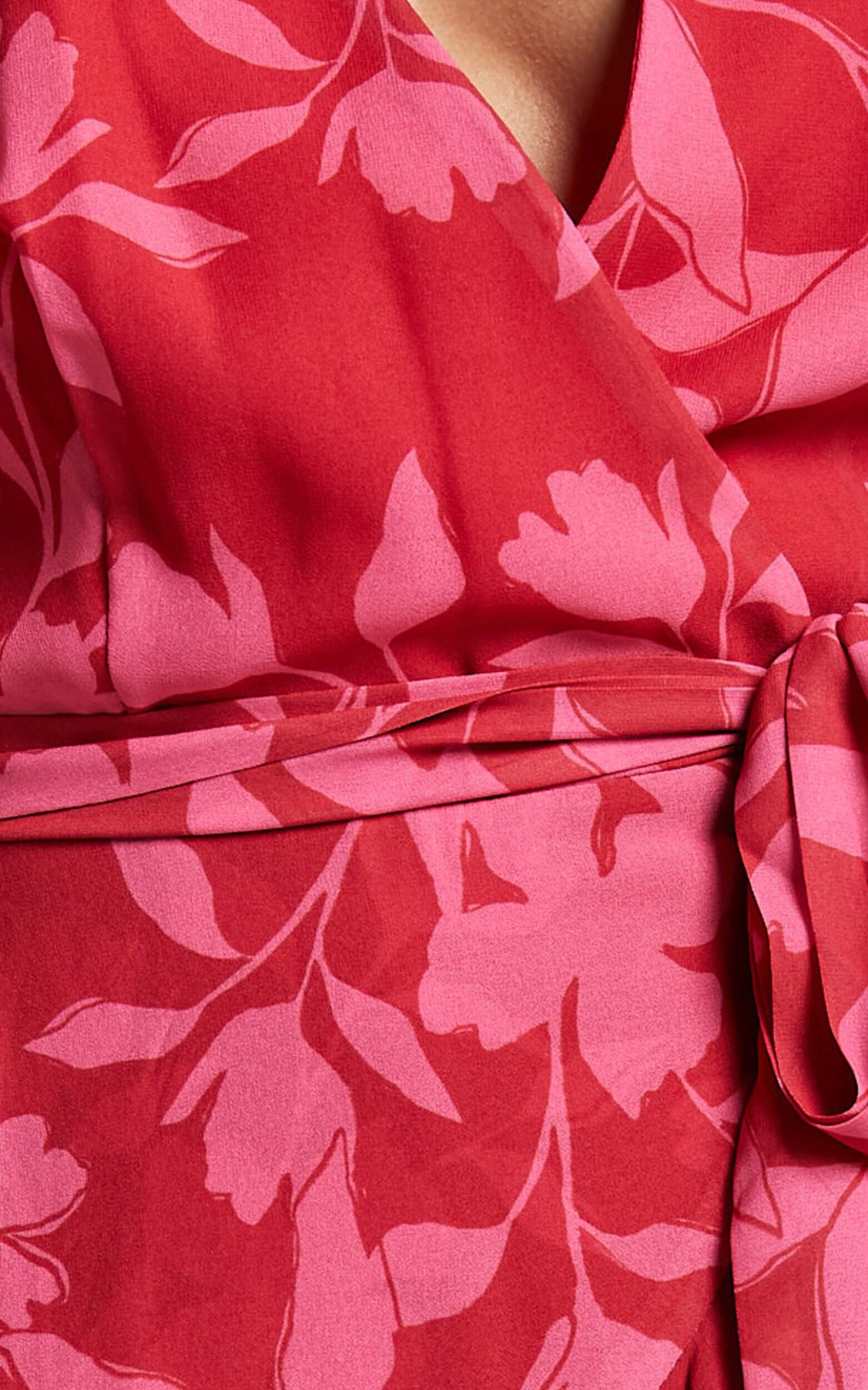 Aronia Mini Dress - V Neck Long Bishop Sleeve Ruffle Hem Wrap Dress in Havana Silhouette floral