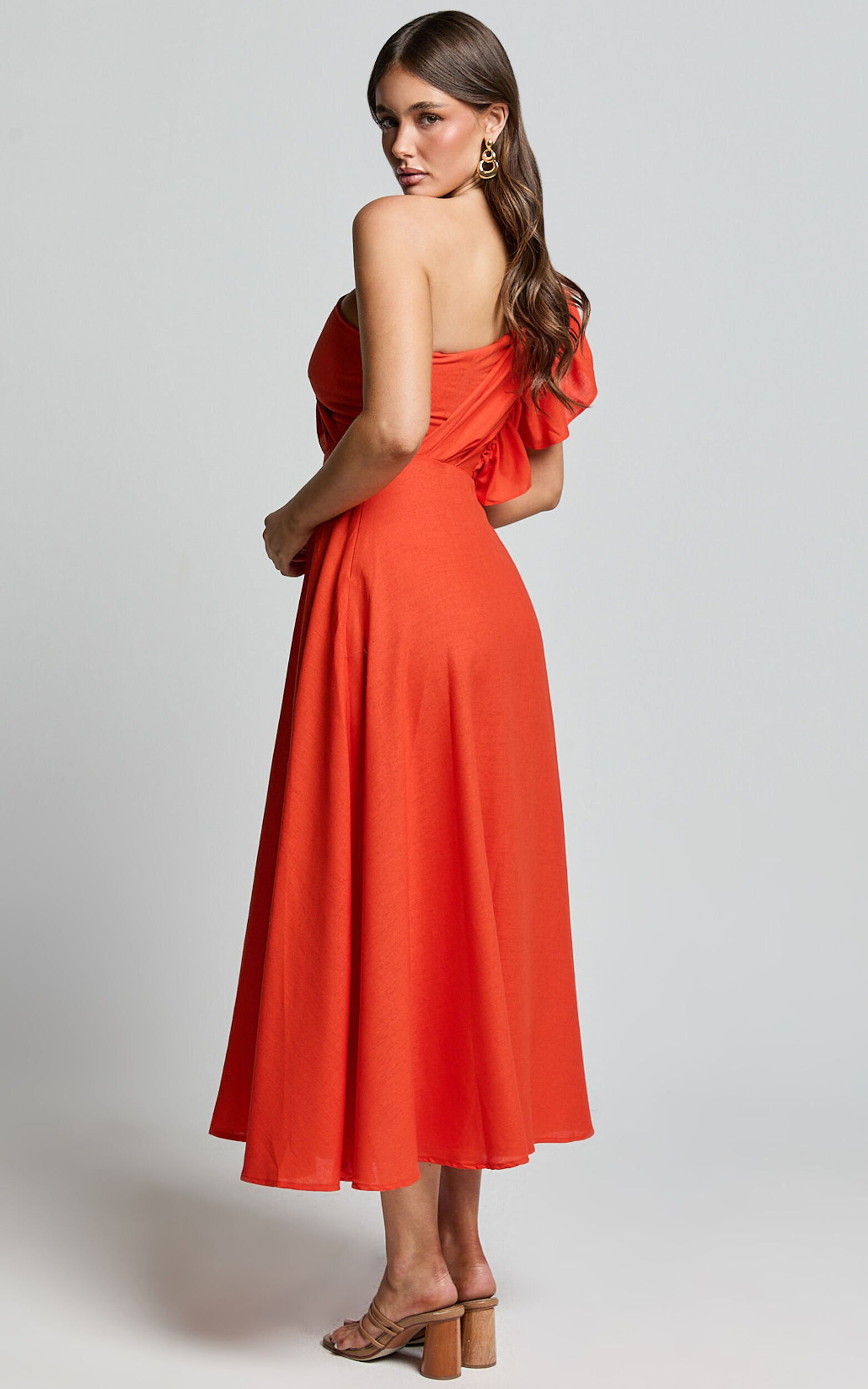 Dixie Midi Dress - Linen Look One Shoulder Ruffle Dress in Red Orange