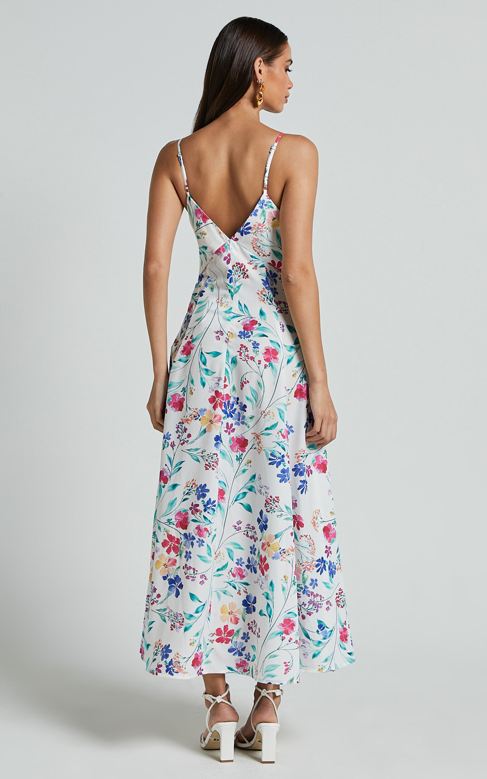 Georgia Midi Dress - Strappy Plunge A Line Dress in Peony Meadow Print