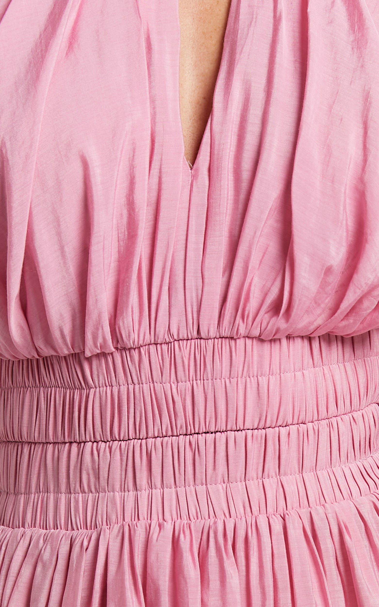 Michalka Mini Dress - Blouson Puff Sleeve Elasticised Waist in Pink