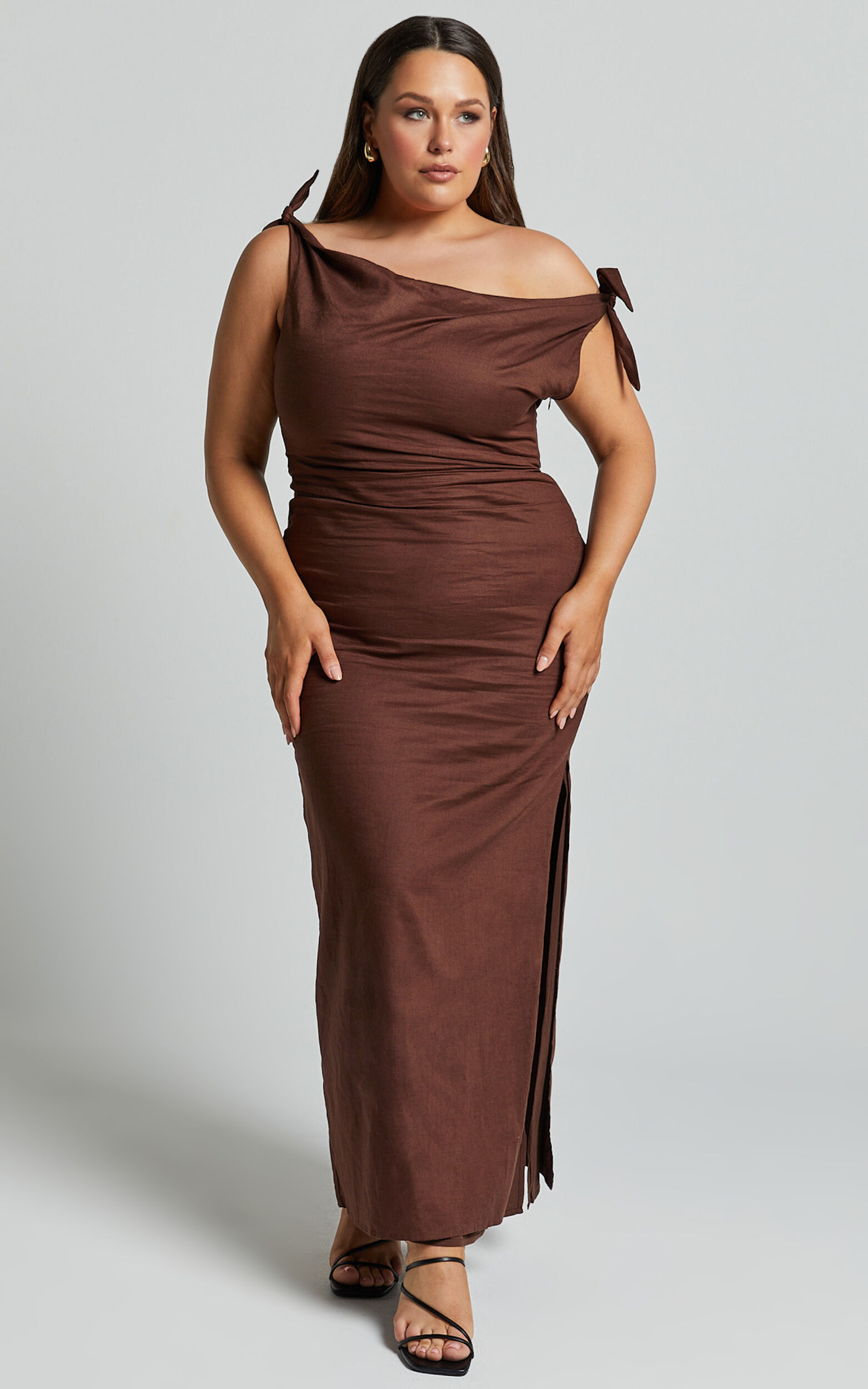 Cincinnati Midi Dress - Off The Shoulder Side Split Column Linen Dress in Chocolate