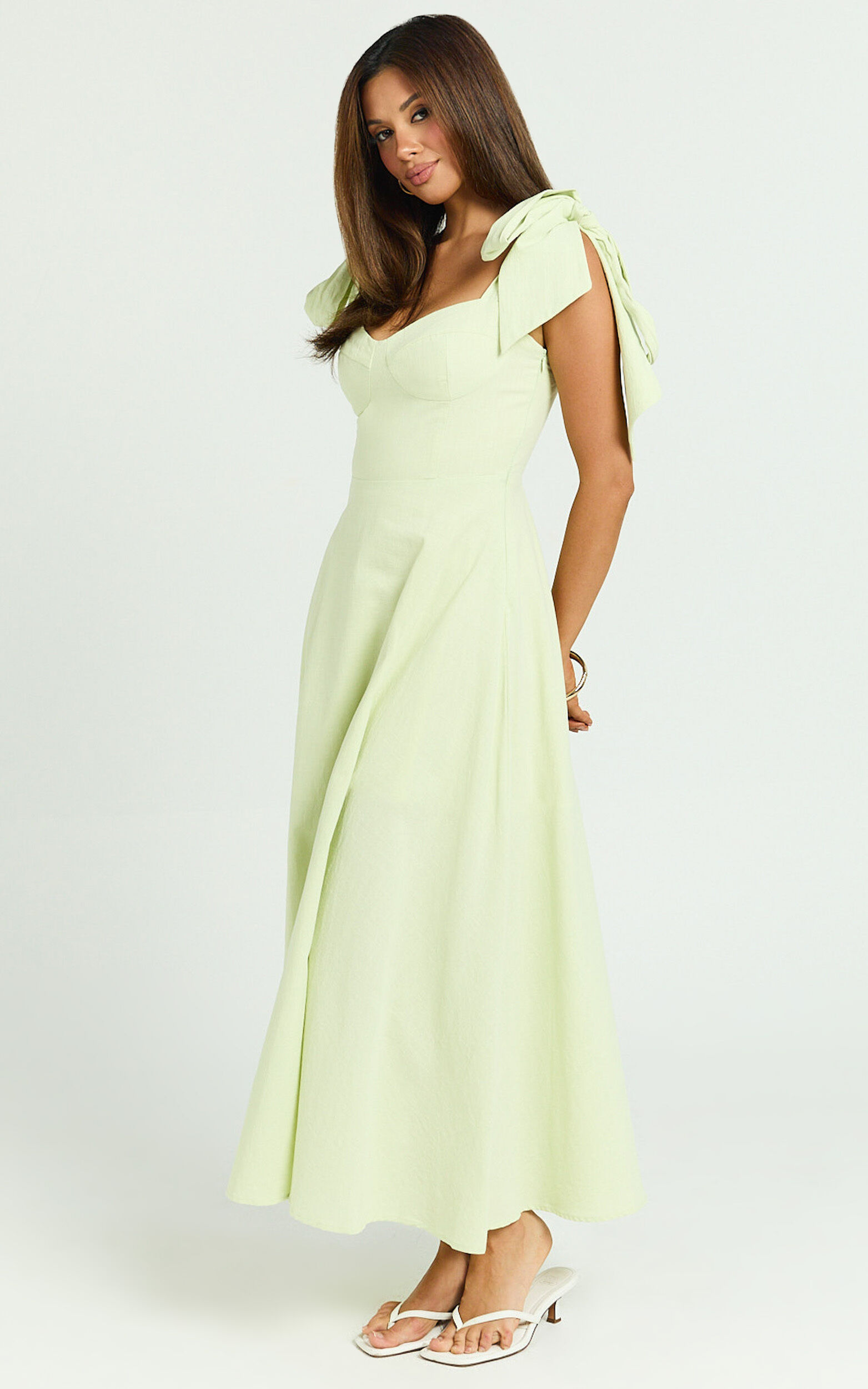Tymia Midi Dress - Shoulder Tie Bustier Shirred Back A Line in Celery