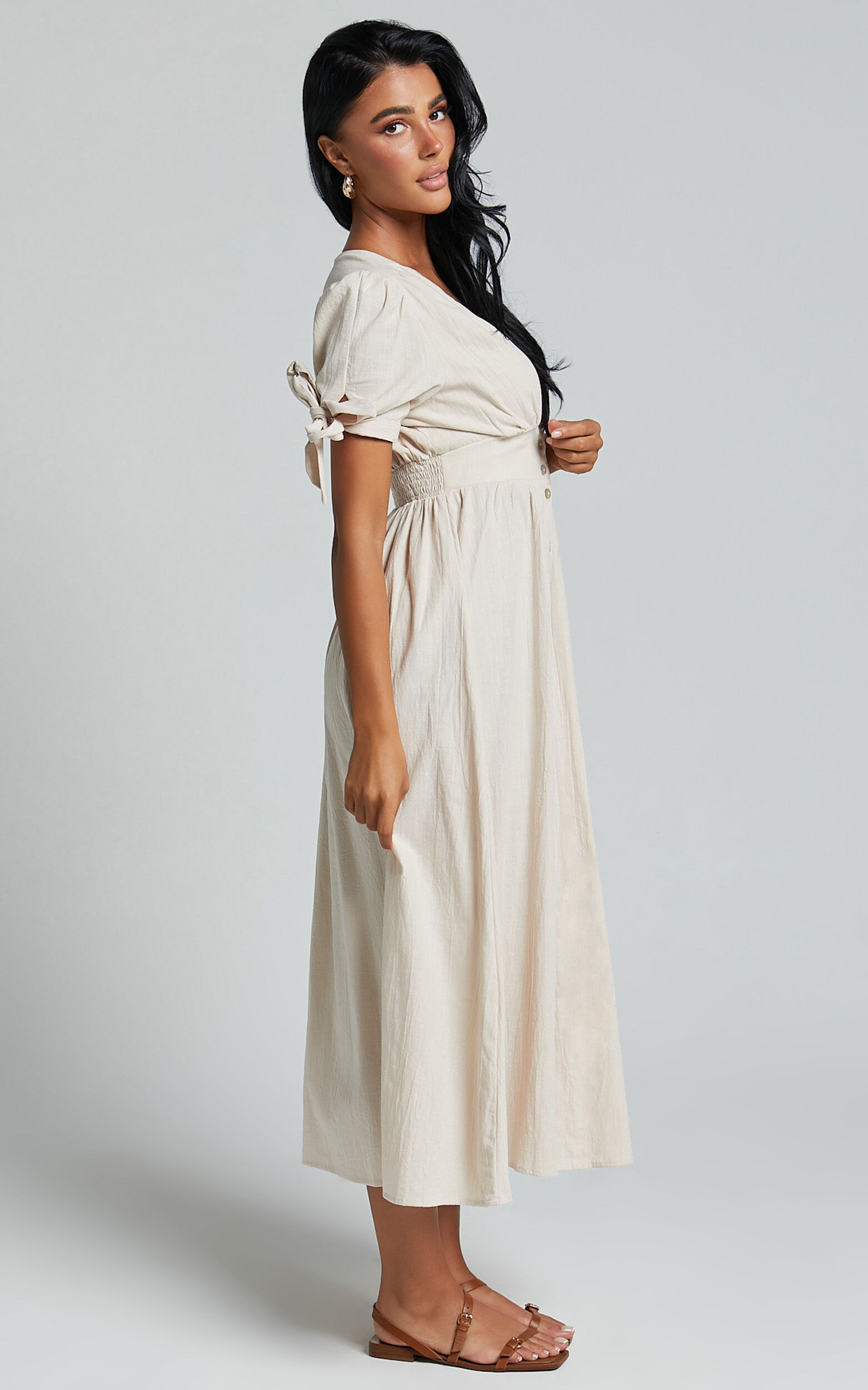 Avegail Midi Dress - V Neck Button Through Short Sleeve Dress in Bone
