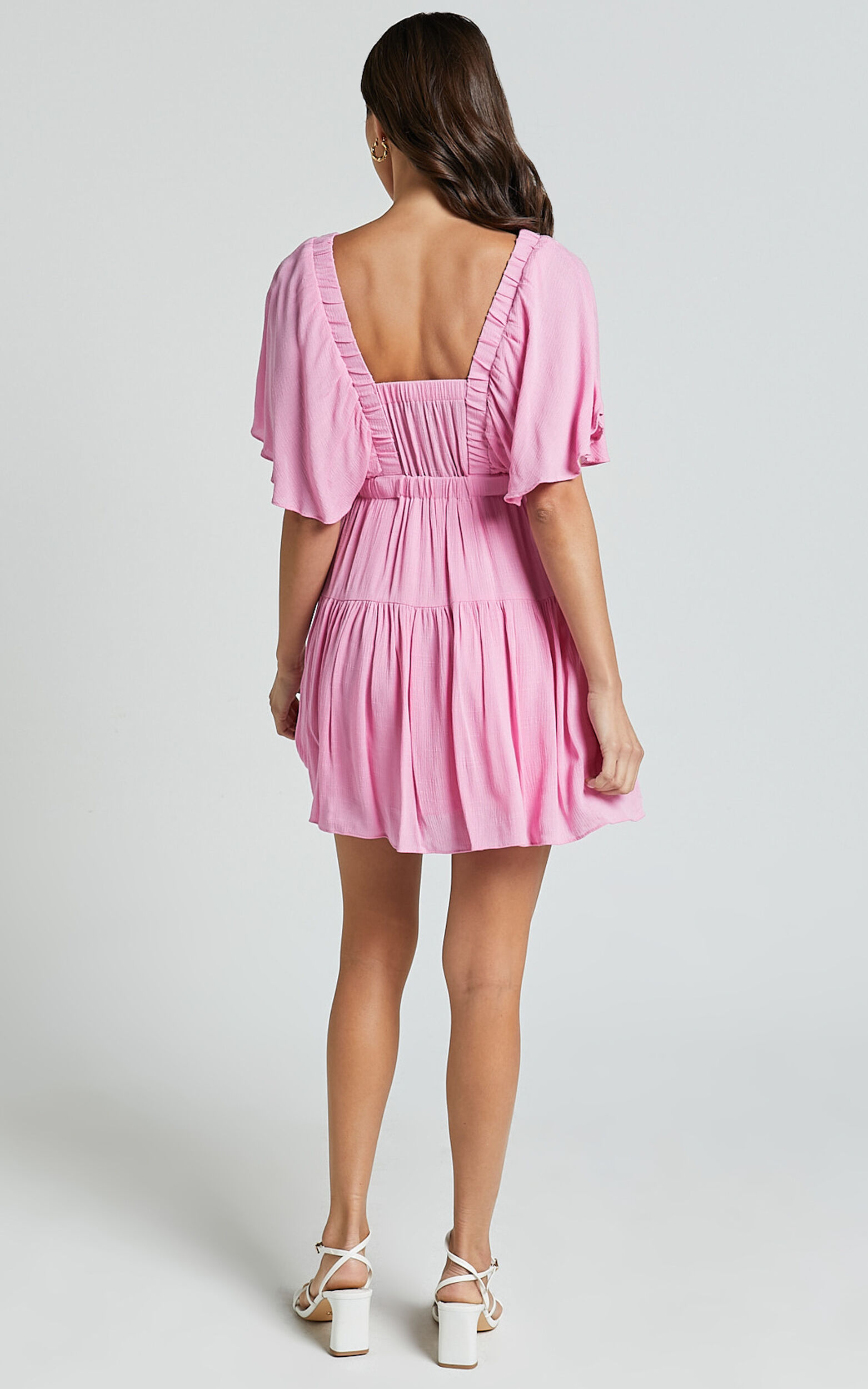 Heidi Mini Dress - Ruffle sleeve Tiered Dress in Pink