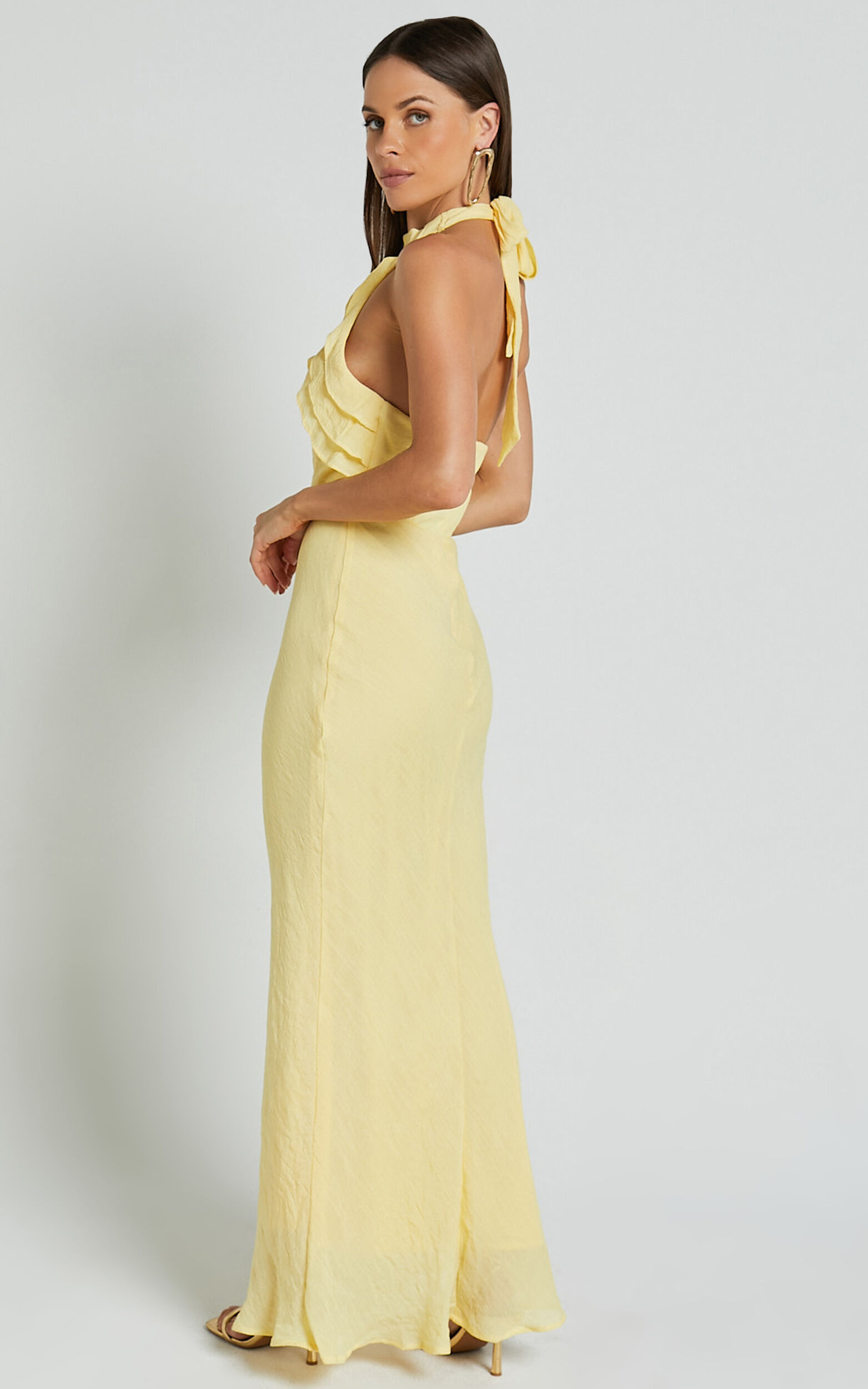 Asha Maxi Dress- High Neck Ruffle Detail Dress in Banana