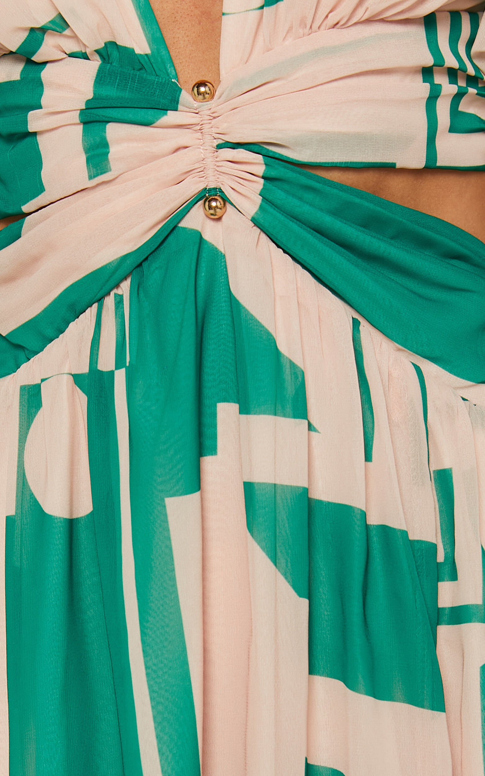 Lindey Midi Dress - Side Cut Plunge Neck Puff Sleeve Dress in Green and Cream Geo