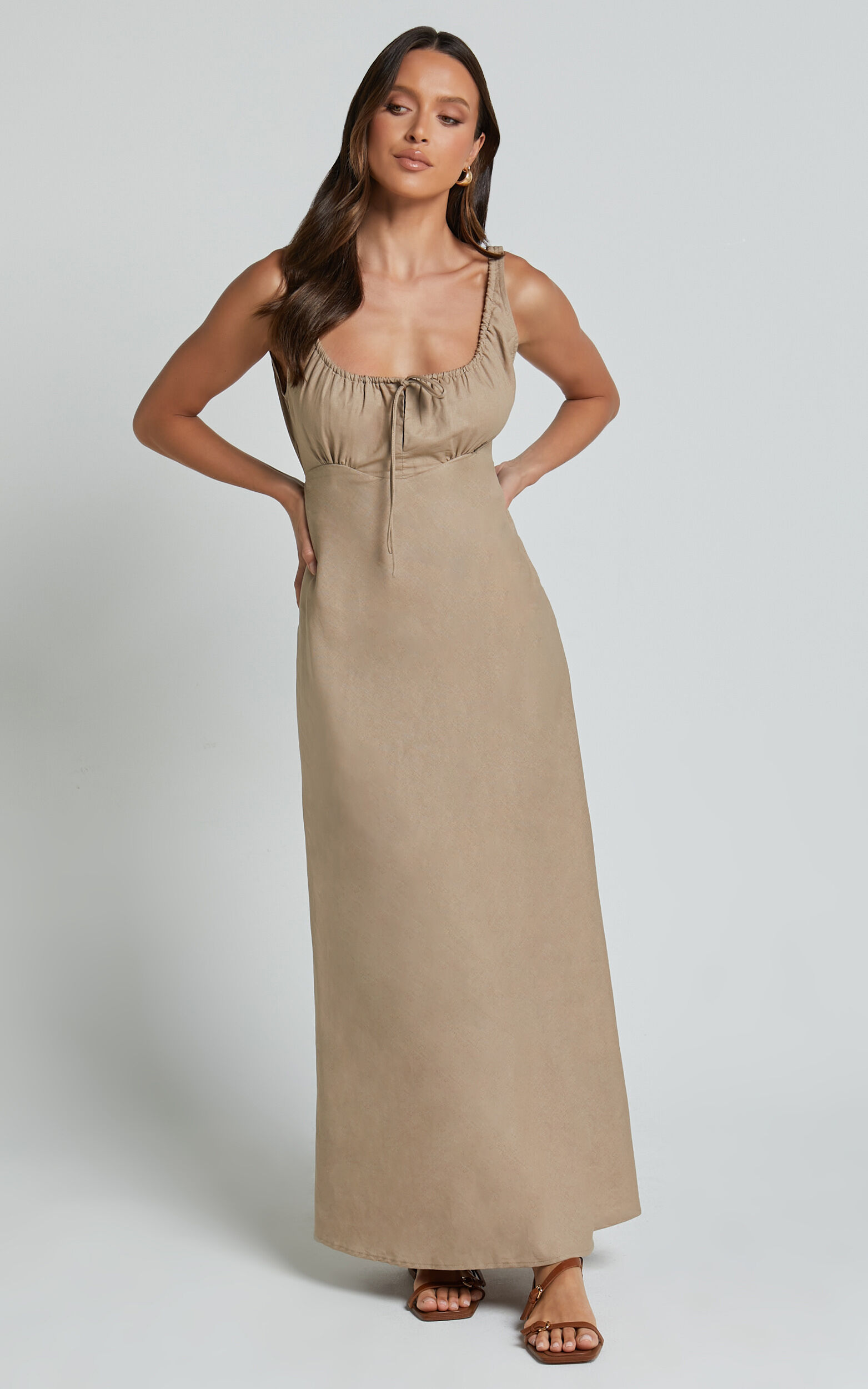 Lucas Midi Dress - Ruched Bust Linen Dress in Tobacco