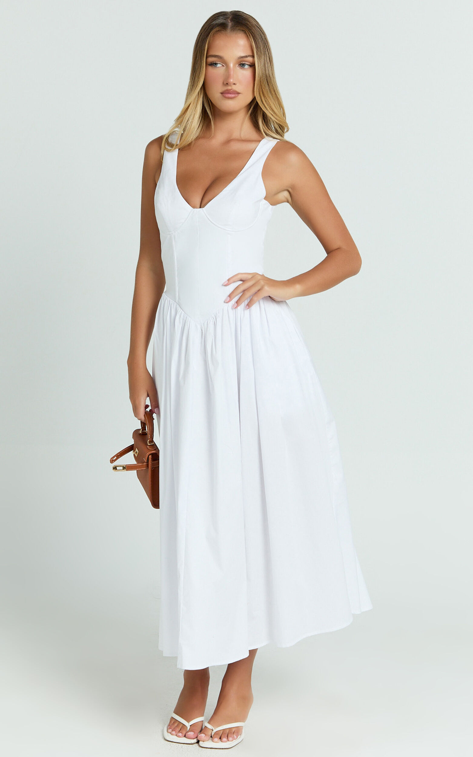 Beckett Midi Dress - Scoop Neck Drop V Waist Gathered Skirt Dress in White