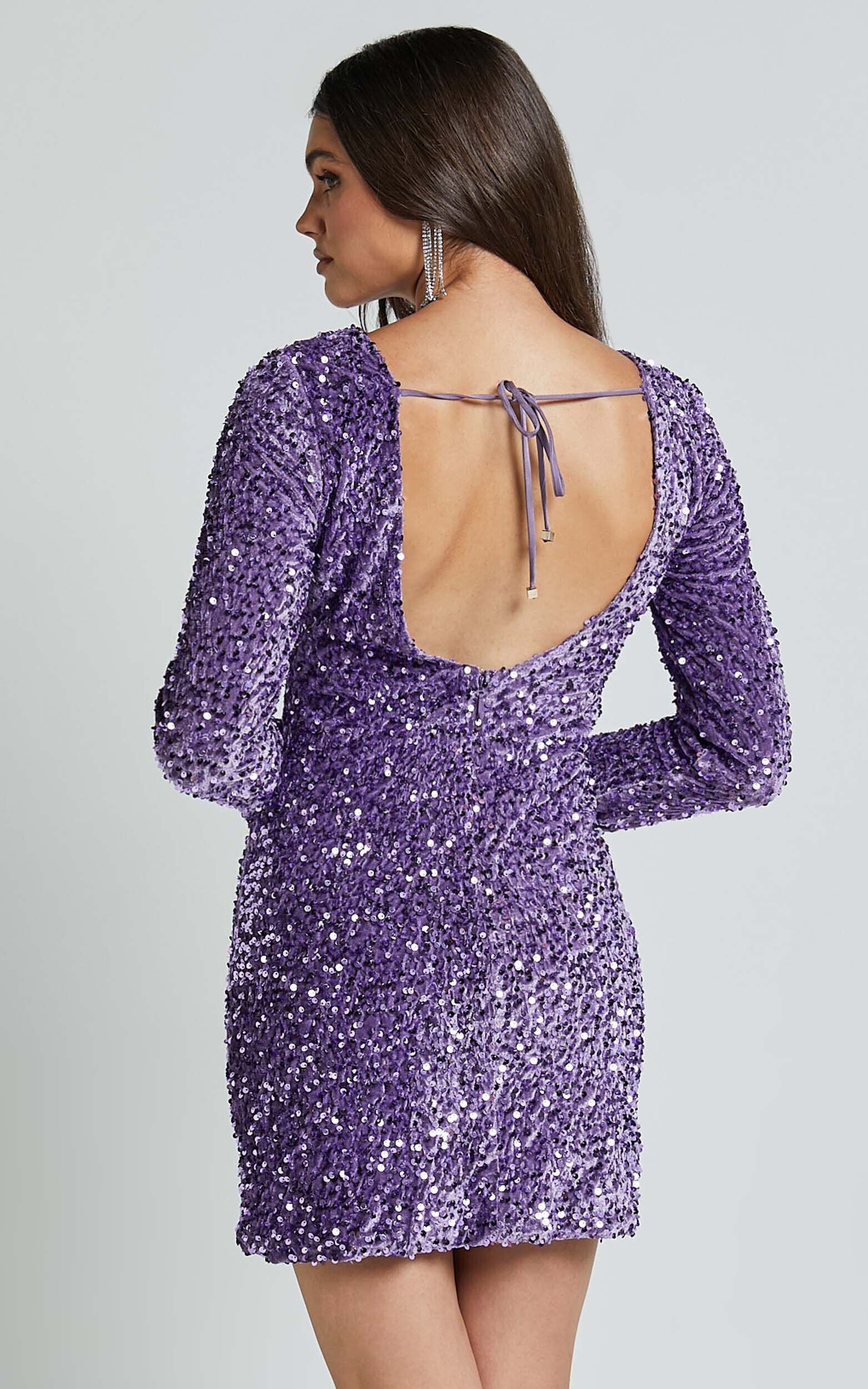 Tracy Mini Dress - Sequin Long Sleeve Backless Dress in Purple