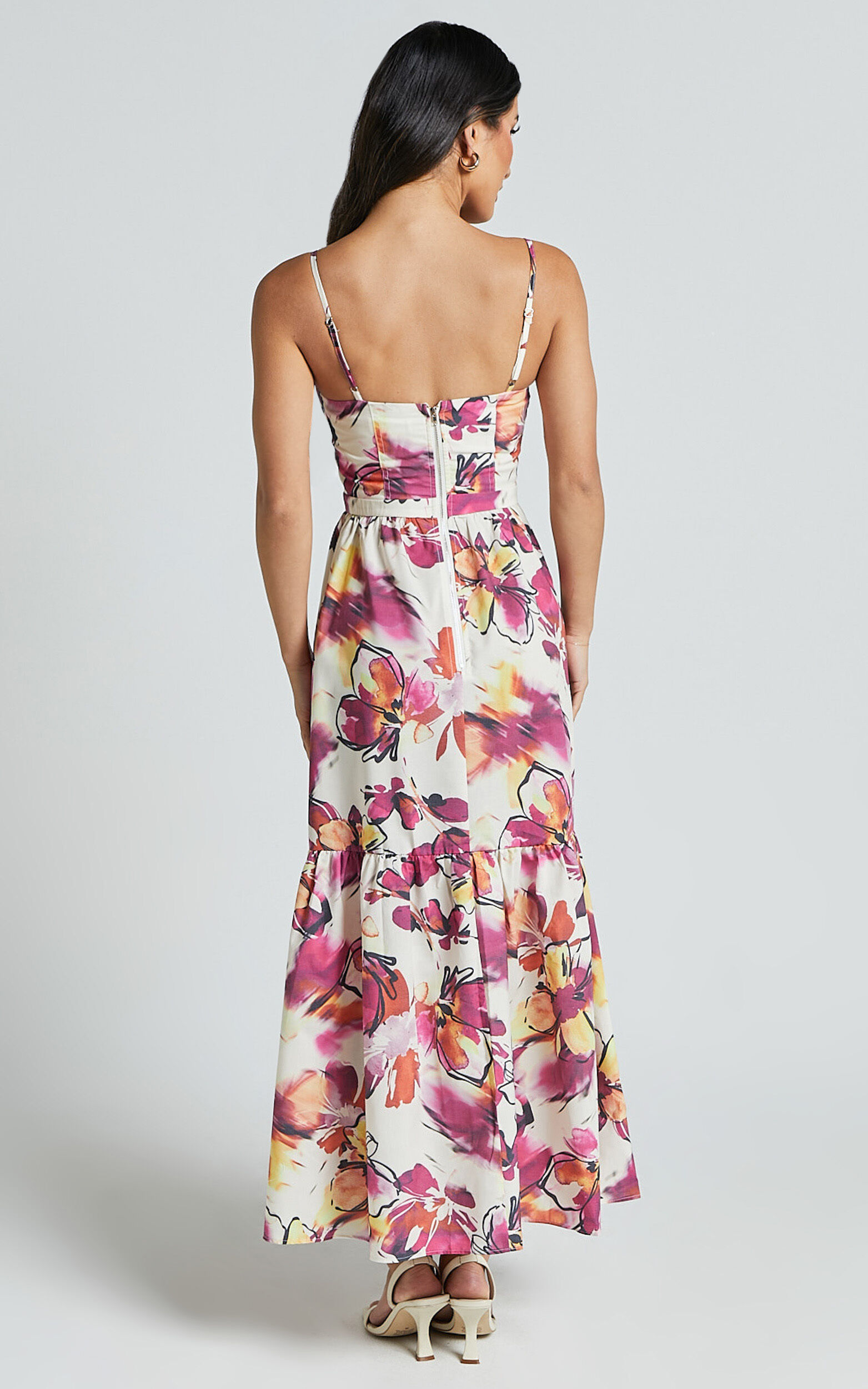 Adara Midi Dress - Strappy Bustier Dress in Dahlia Dusk Floral