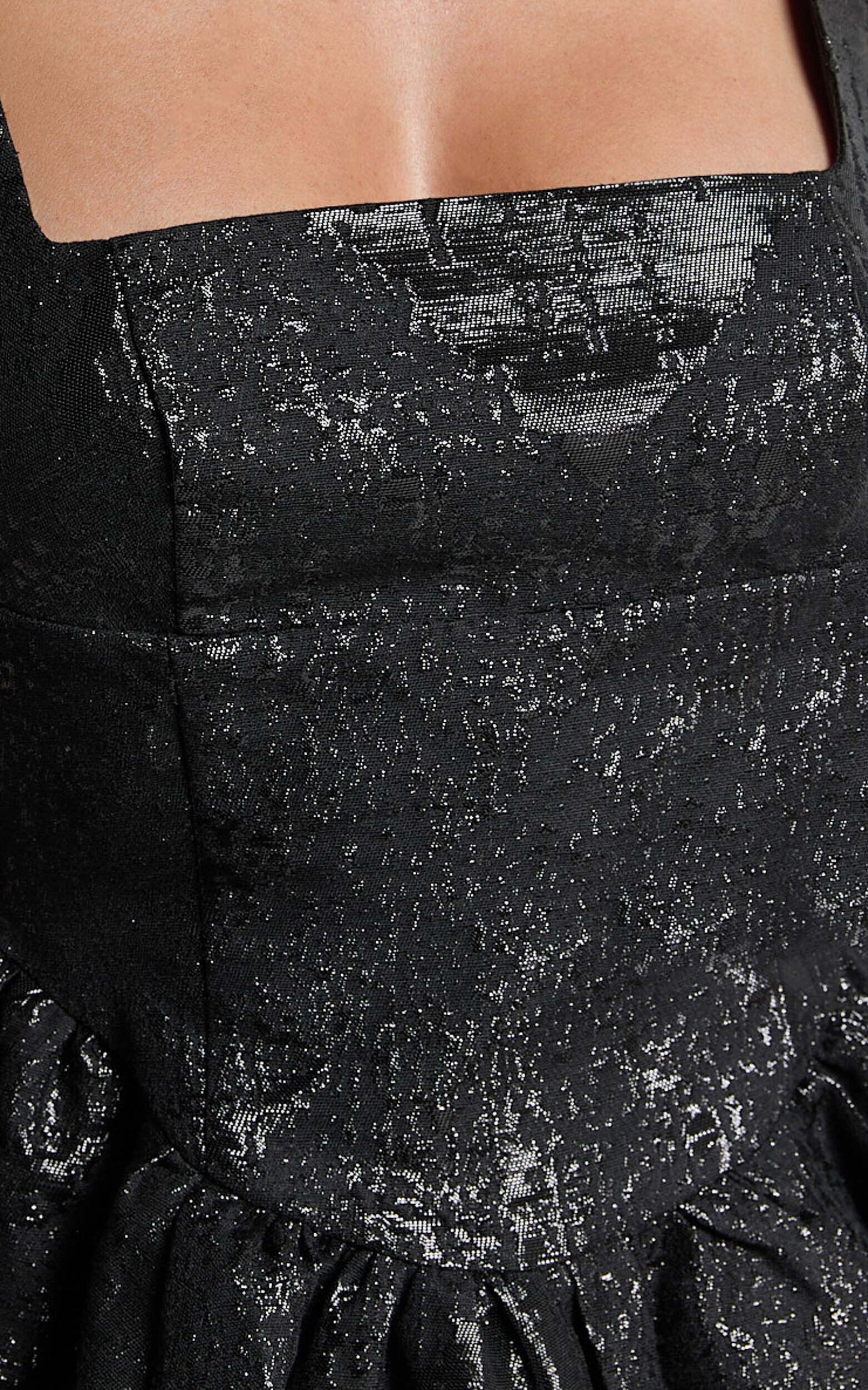 Andree Mini Dress - Metallic Jacquard Full Skirt Mini Dress in Black