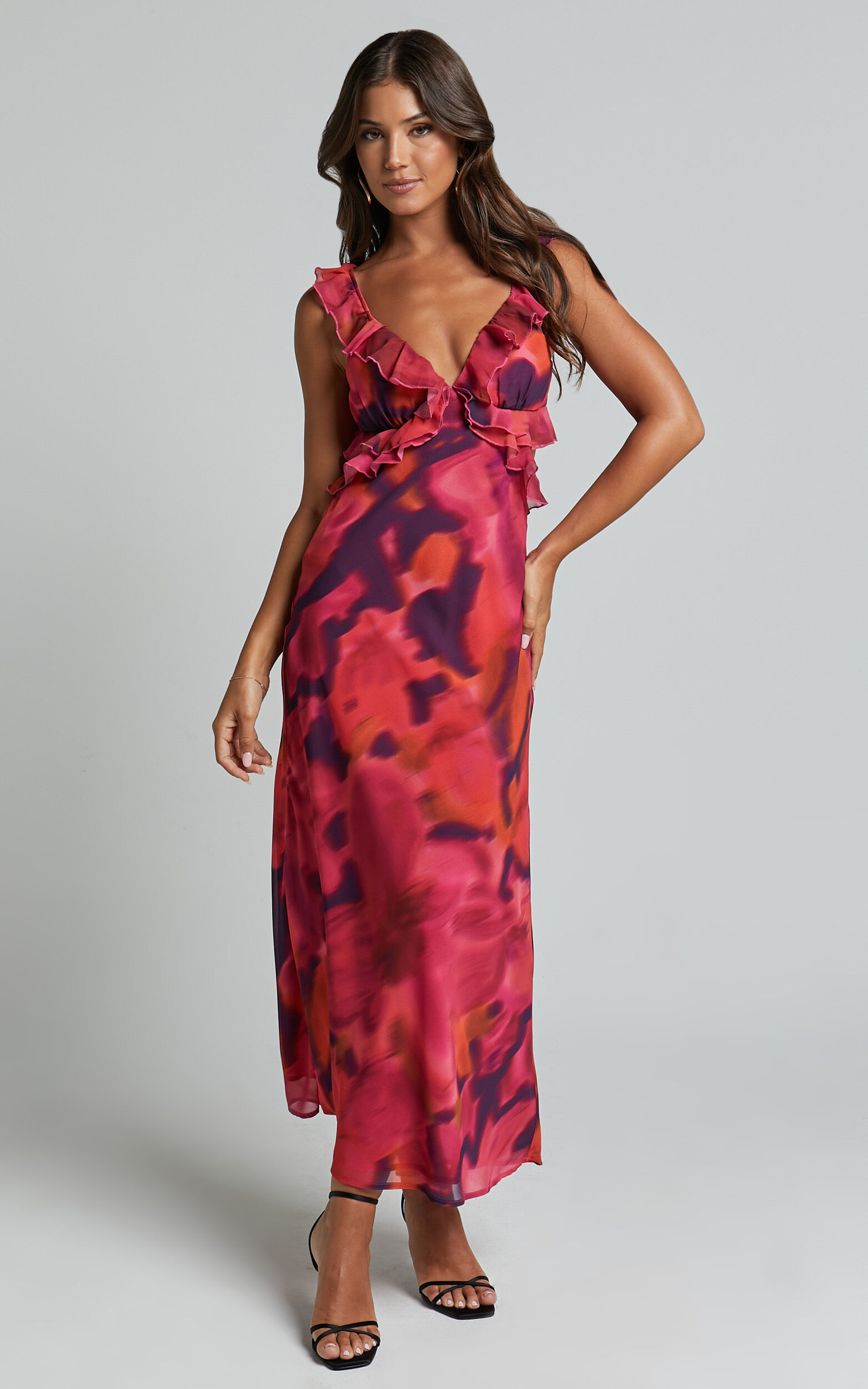Alessa Maxi Dress - V Neck Frill Detail Empire Waist Back Cut Out Dress in Adeana Print