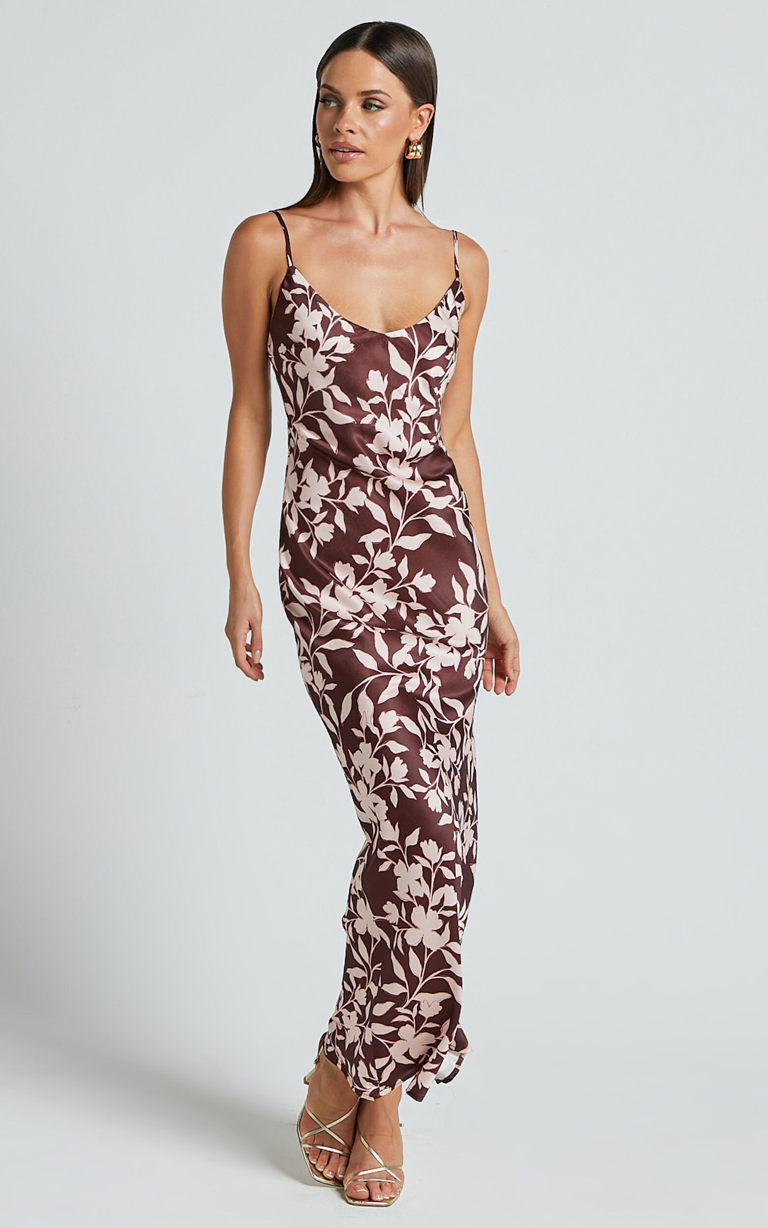 Charesse Maxi Dress - Satin Bias Cut Scoop Neck Low Back Slip Dress in Choc Floral