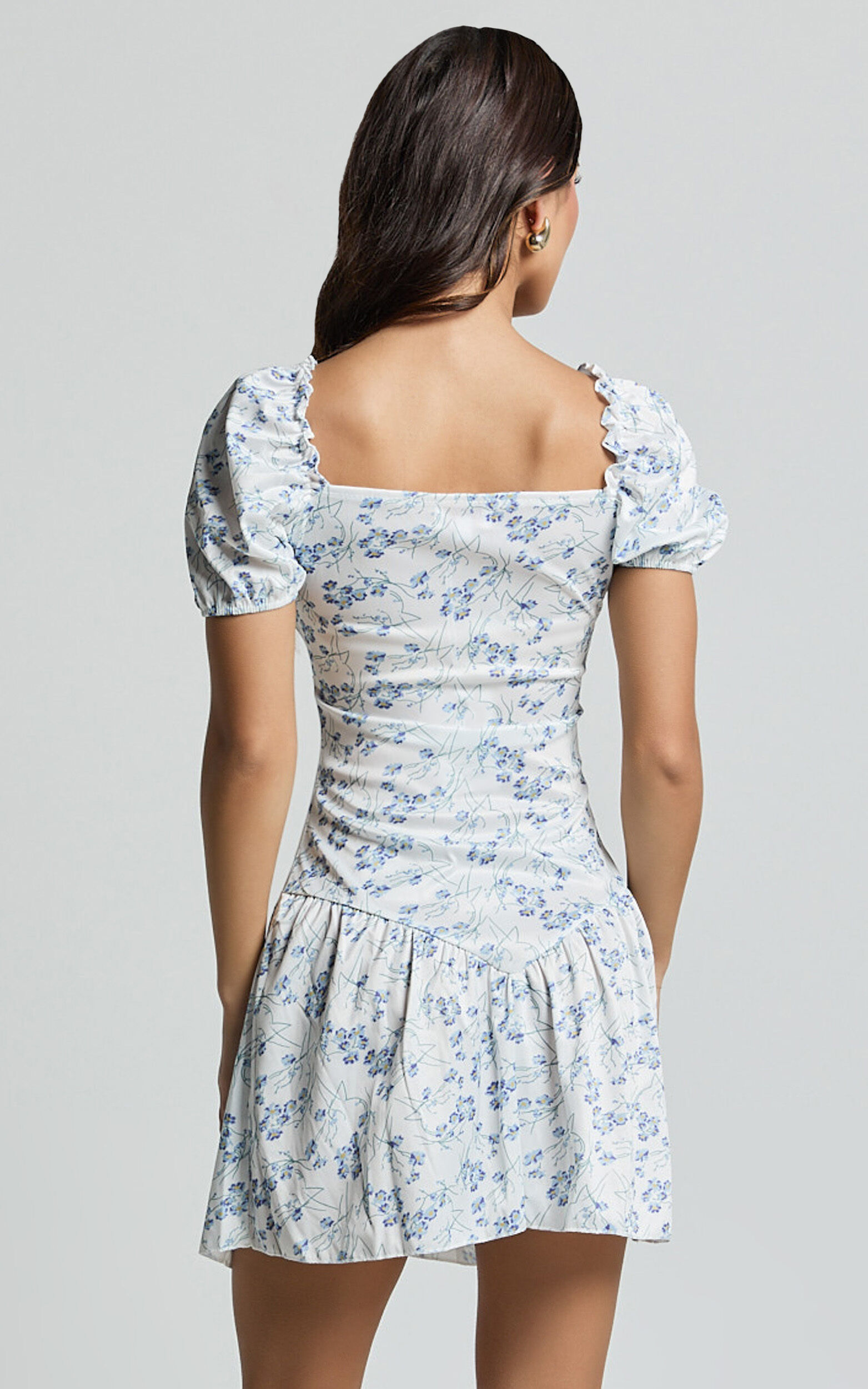 Norma Mini Dress - Sweetheart Short Puff Sleeve Fit and Flare Dress in Floral Print