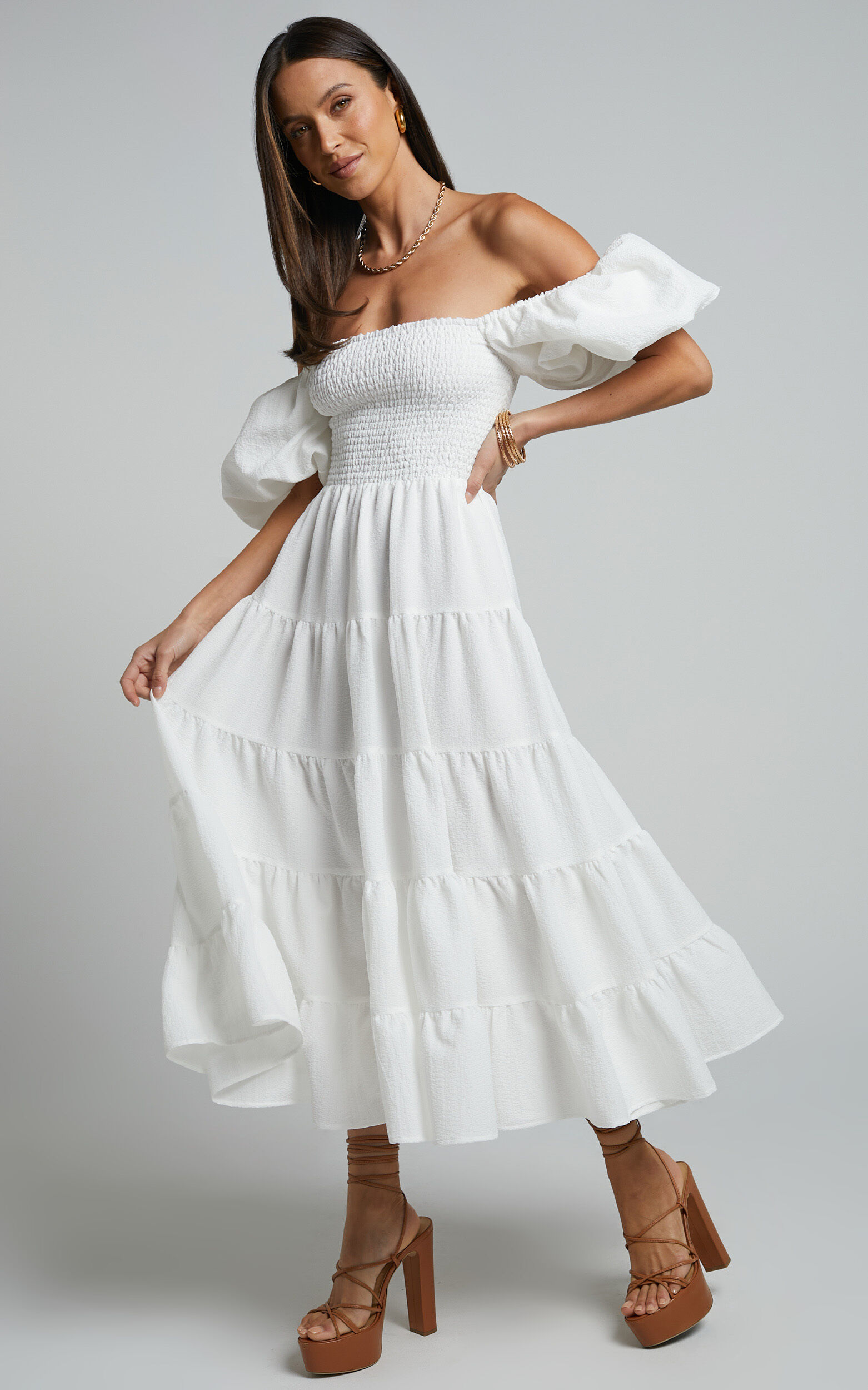 Maxima Midi Dress - Puff Sleeve Shirred Bodice Tiered Dress in White