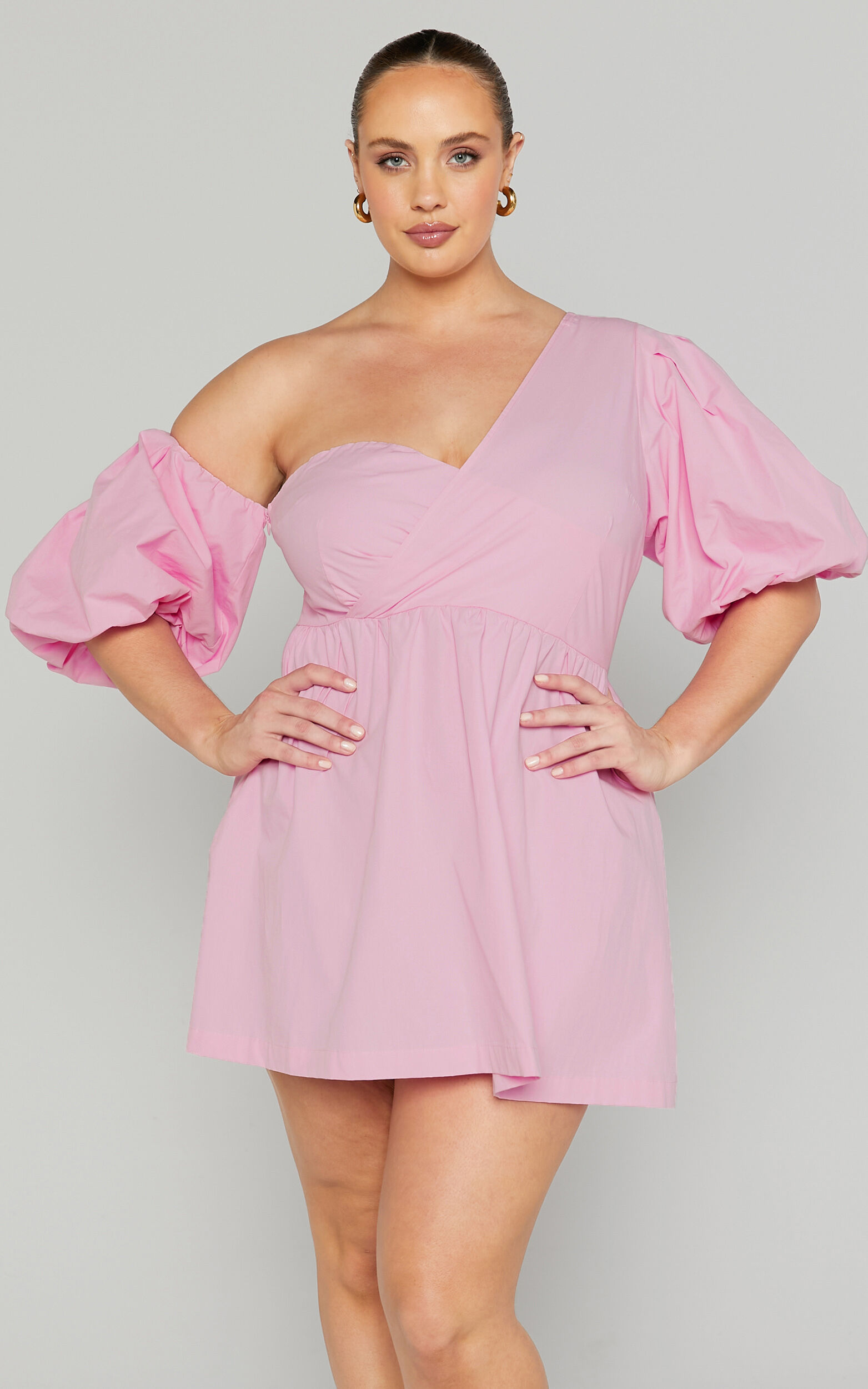 Sula Mini Dress - Asymmetric Off One Shoulder Puff Sleeve Dress in Pink