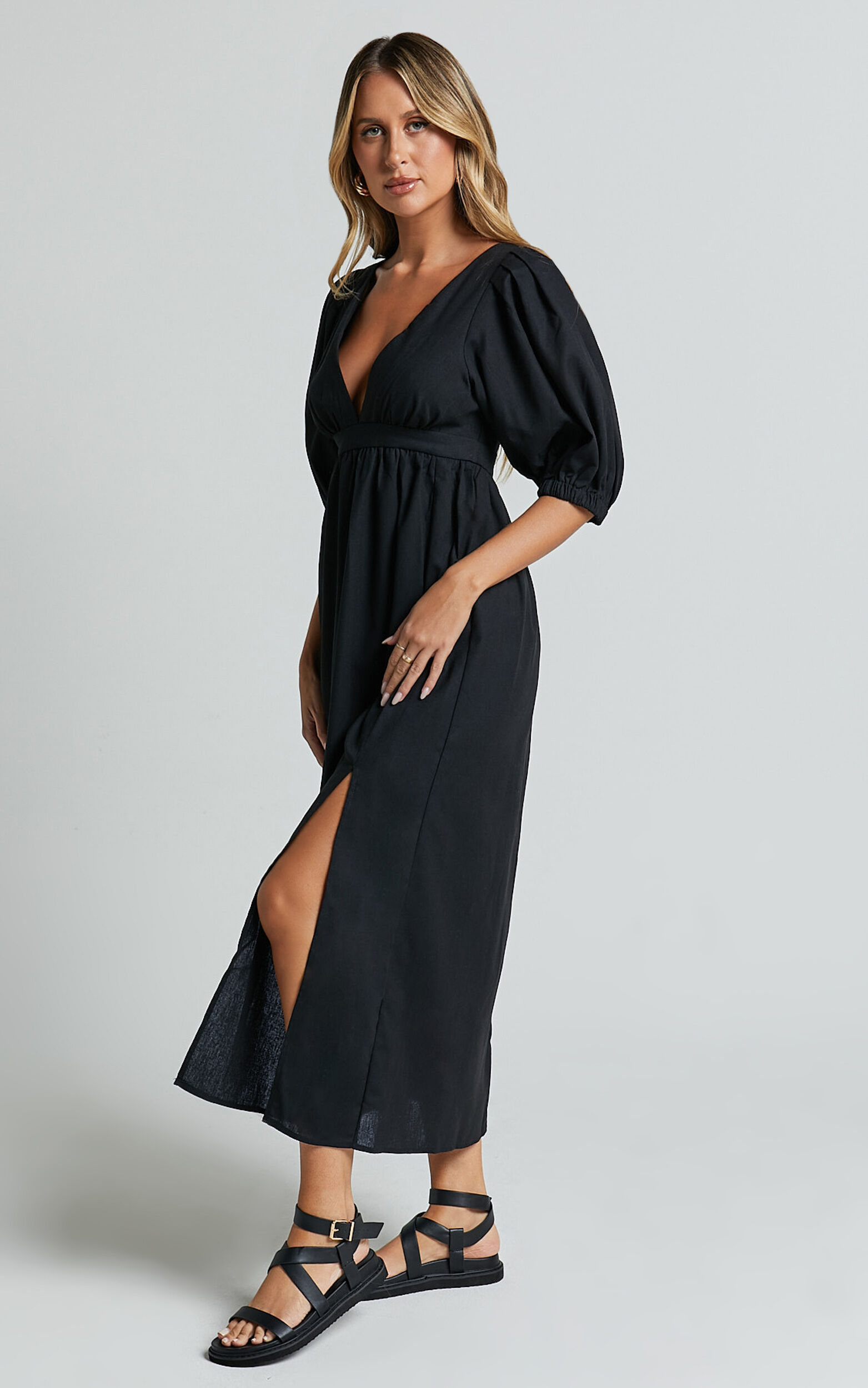 Eidie Midi Dress - Linen Puff Sleeve Open Tie Back Flare Dress in Black