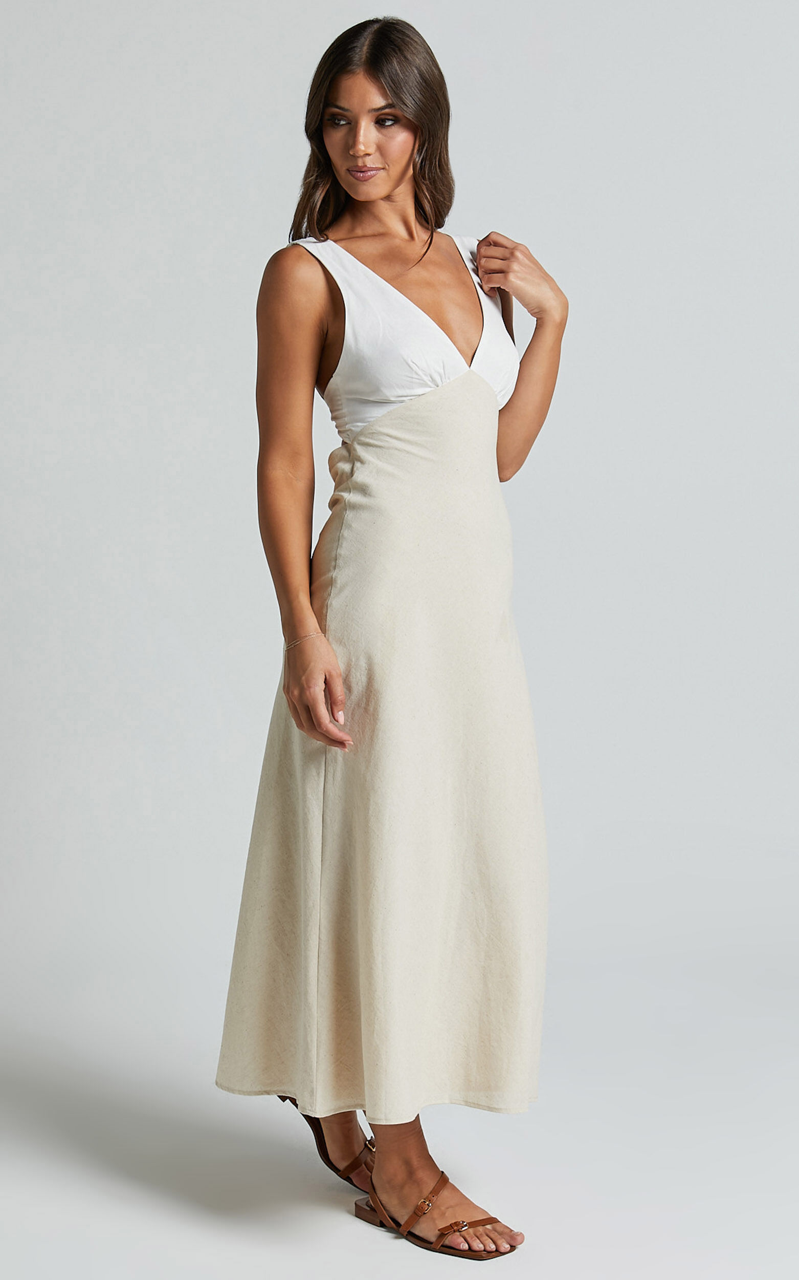 Dovie Midi Dress - Linen V Neck Low Back Cut Out Flare Dress in Beige and White
