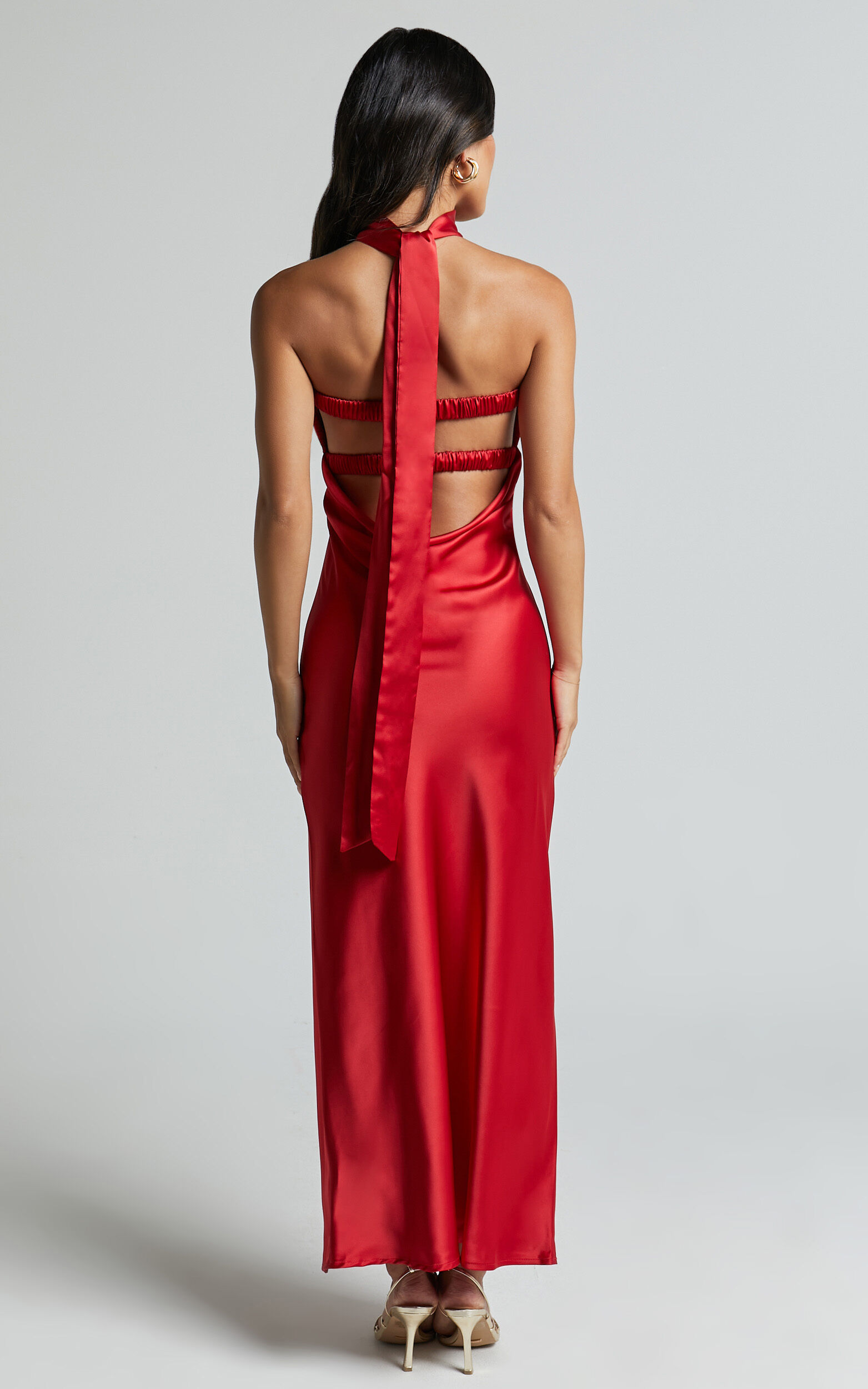 Cady Maxi Dress - Ruched Bust Rosette Detail Satin Dress in Red