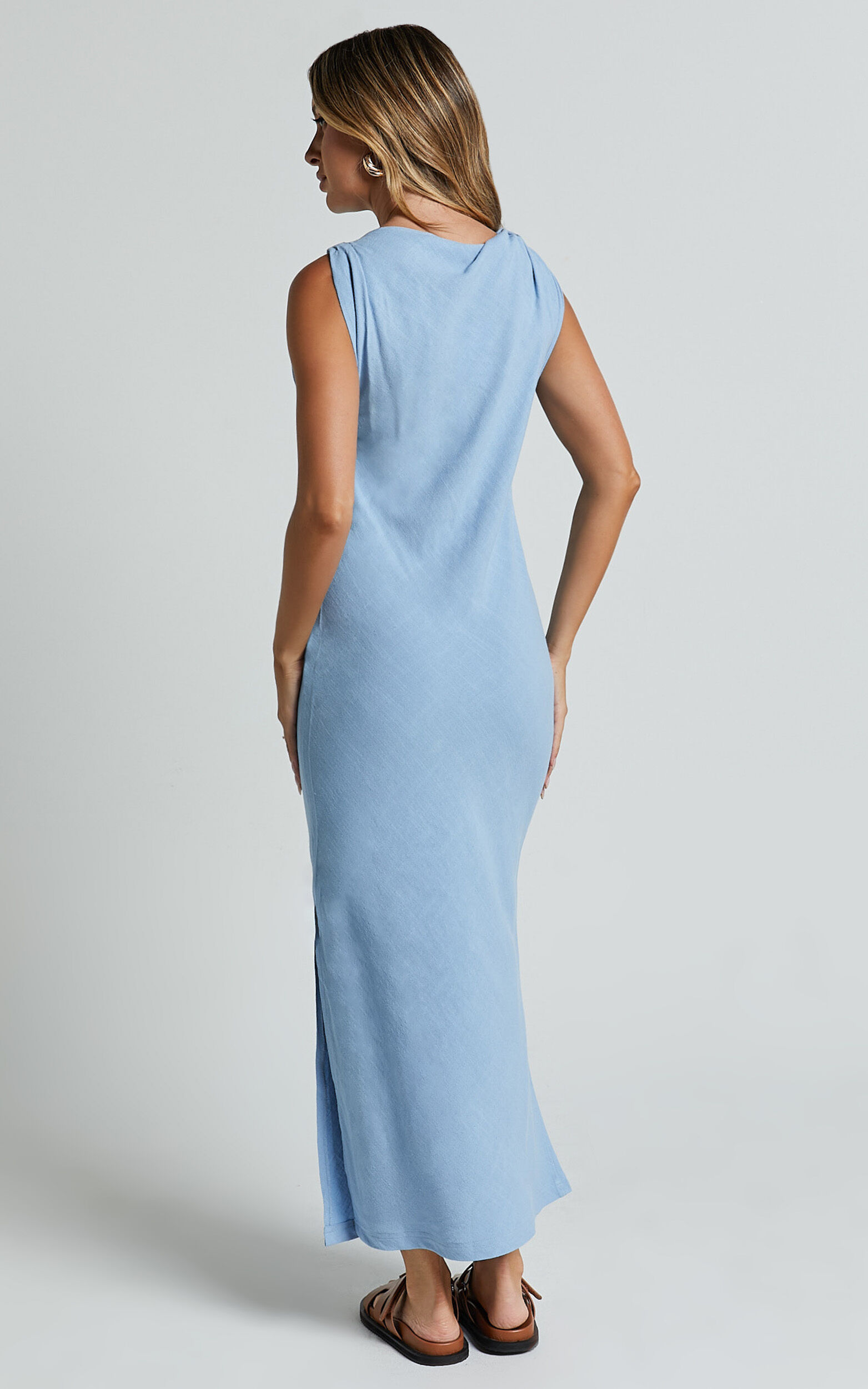 Jessenia Midi Dress - Linen High Neck Dress in Blue