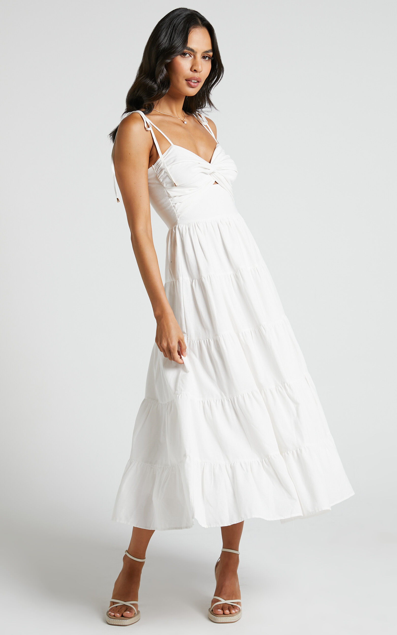 Leticia Midi Dress - Twist Front Tie Strap Tiered Dress in Off White