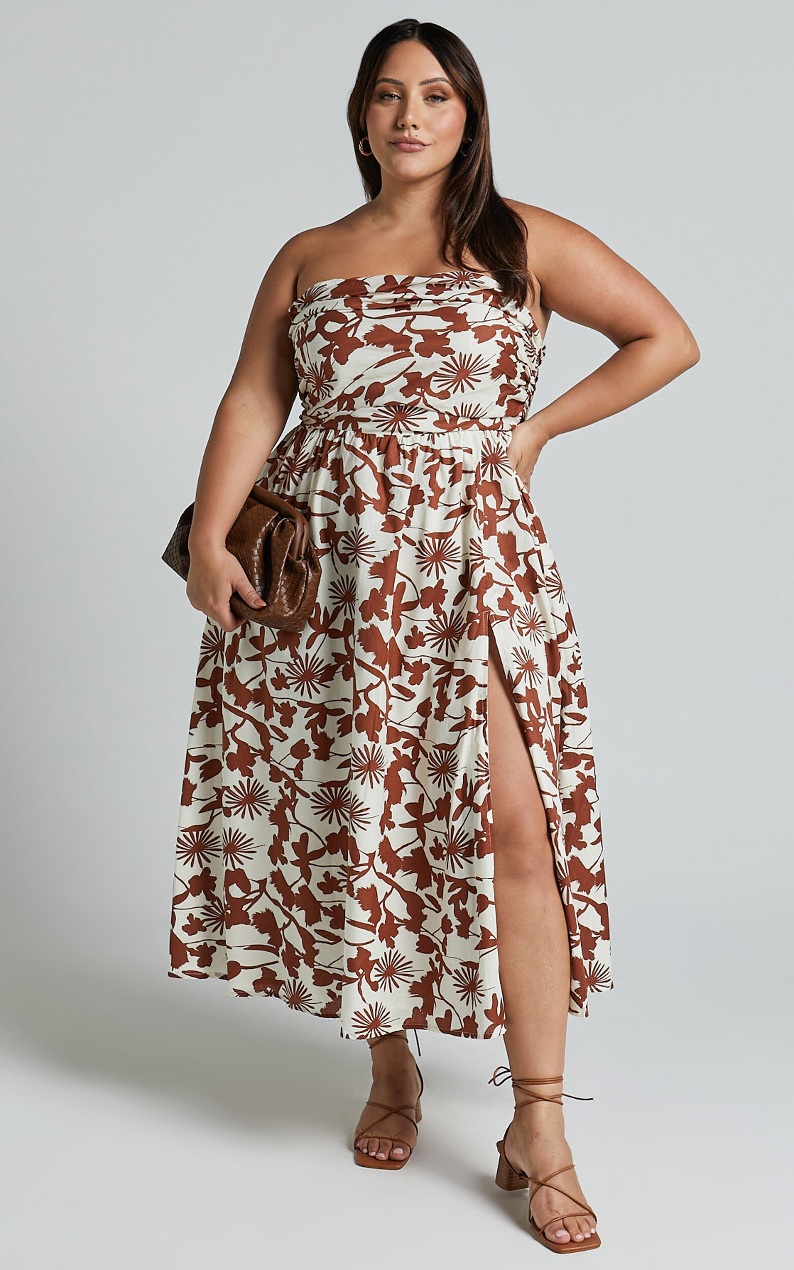 Evita Midi Dress - Ruched High Split Strapless Dress in Multi