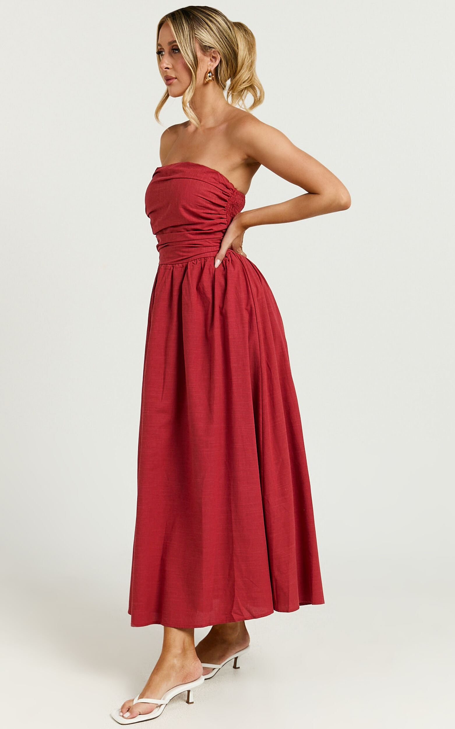 Polly Midi Dress - Strapless Ruched Dress in Red
