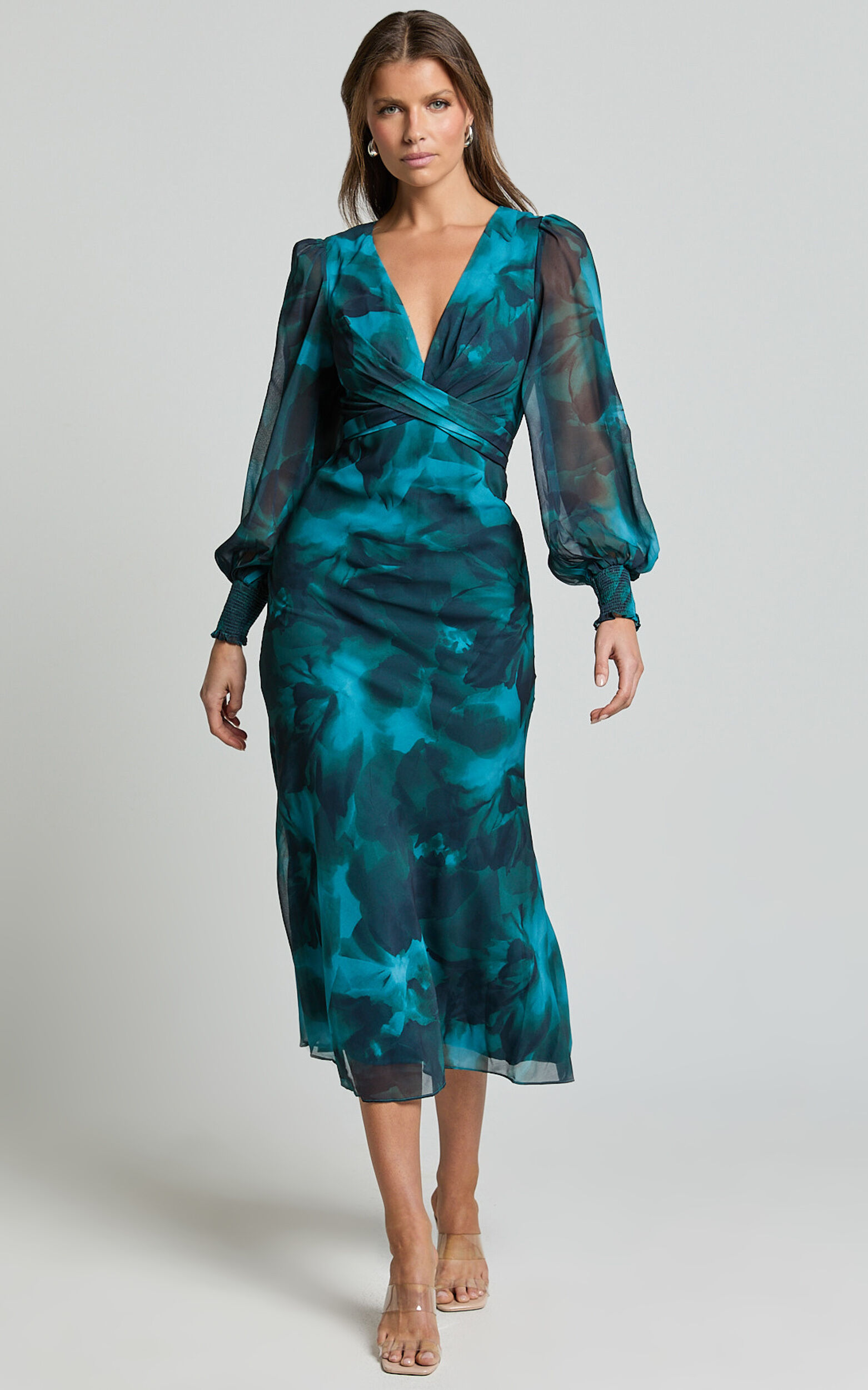 Artelia Midi Dress - V Neck Long Sleeve Slip Dress in Emerald