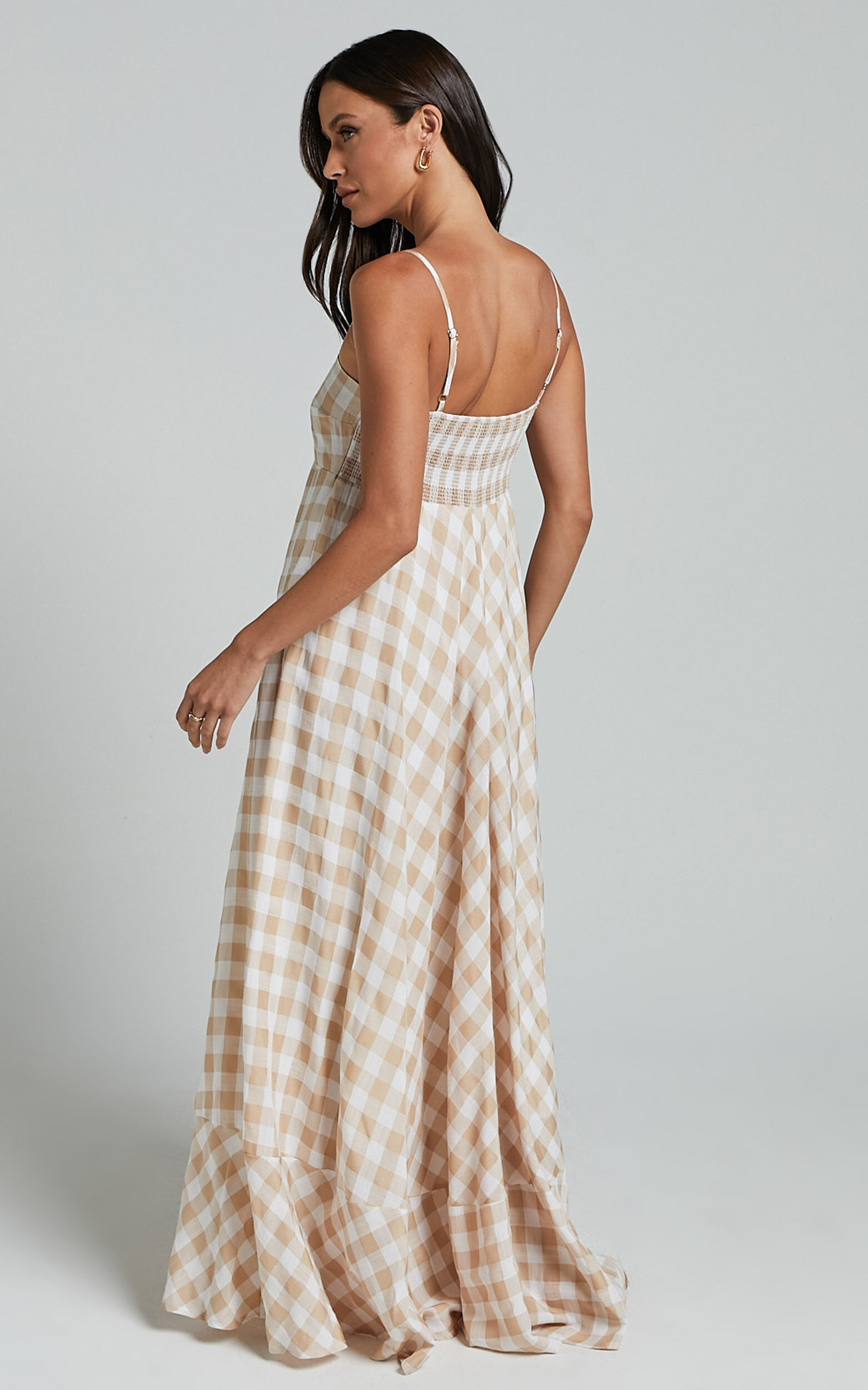 Katrien Maxi Dress - Strappy Empire Waist Flare Dress in Beige and White Check