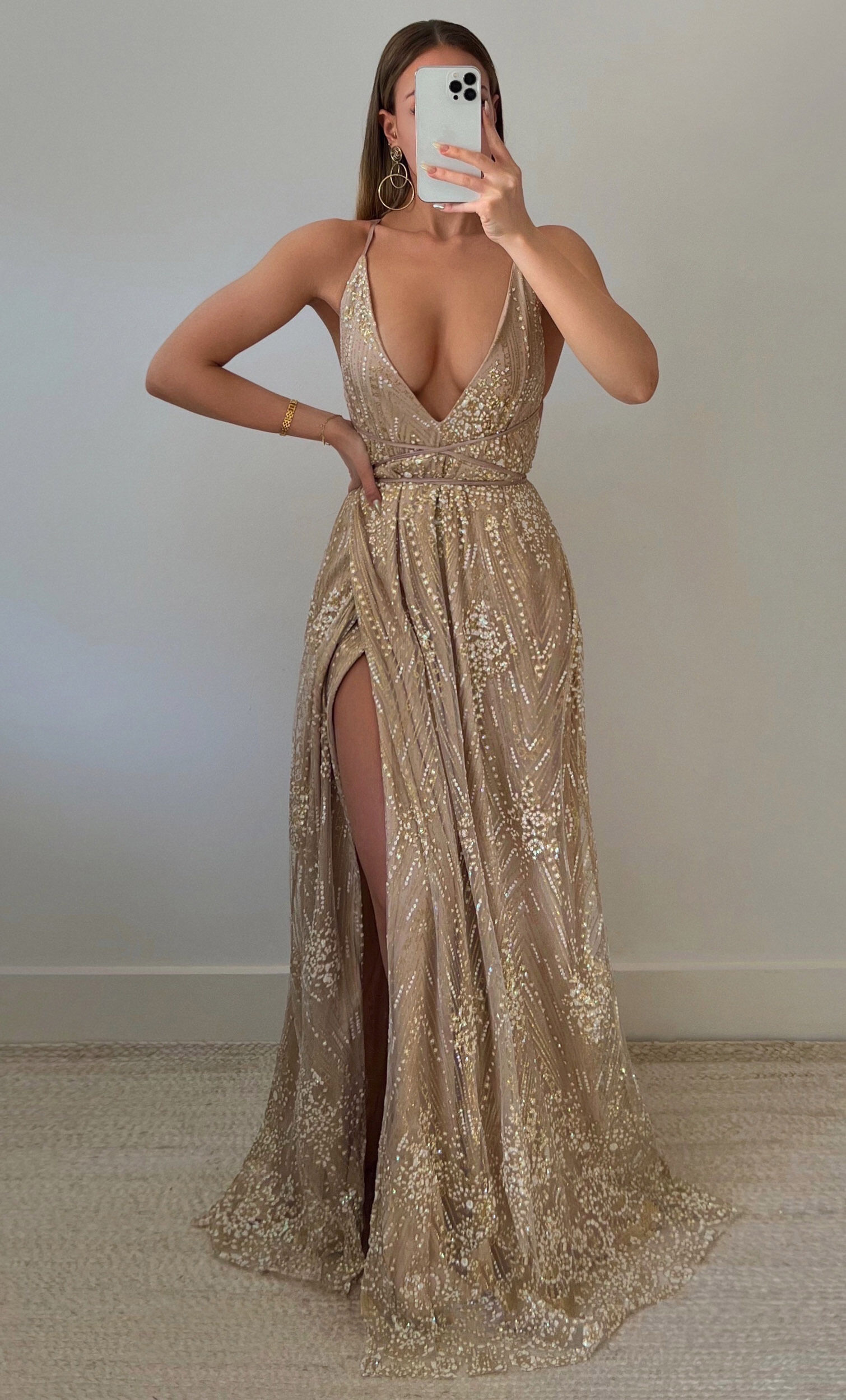 New York Nights Maxi Dress - Sequin Plunge Cross Back Dress in Gold