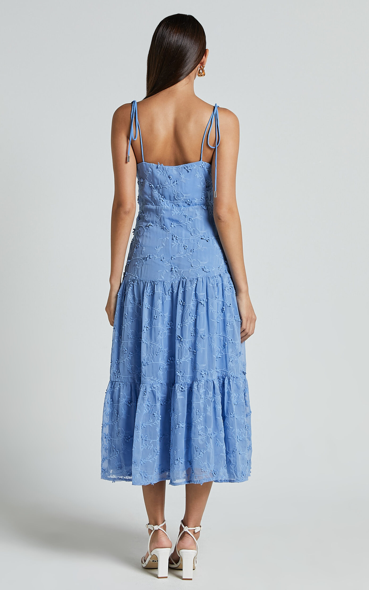 Francesca Midi Dress - Tie Shoulder Tiered Embroided Dress in Cornflower Blue