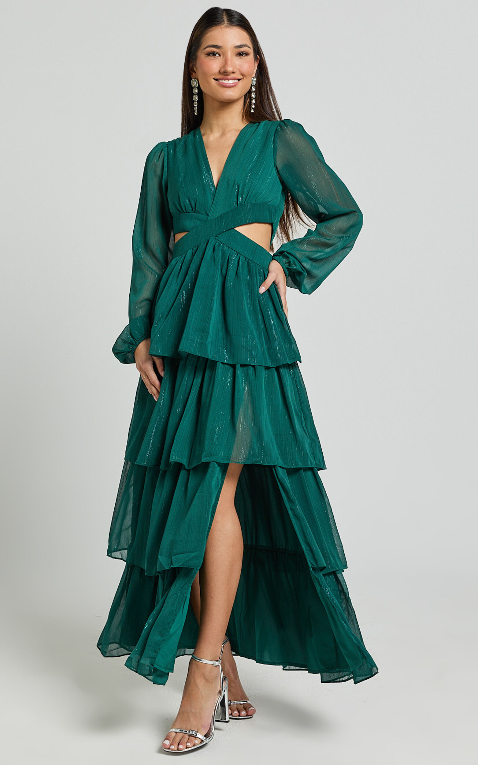 Jacinda Maxi Dress - Cut Out Long Sleeve Thigh Split Tiered Dress in Emerald