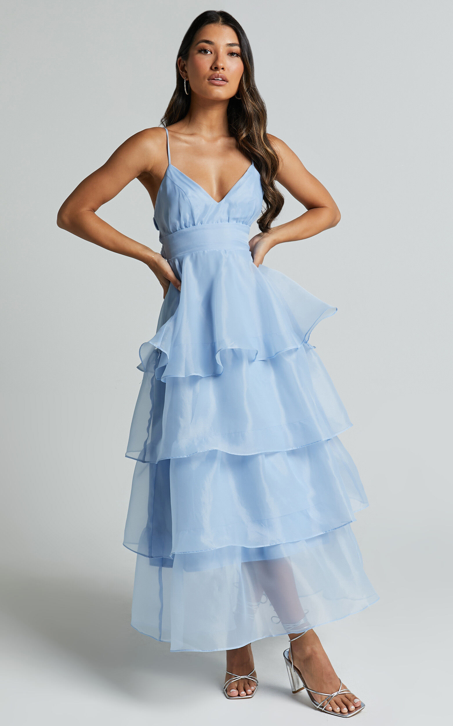 Cindy Midi Dress - Layered Skirt Dress in Pale Blue