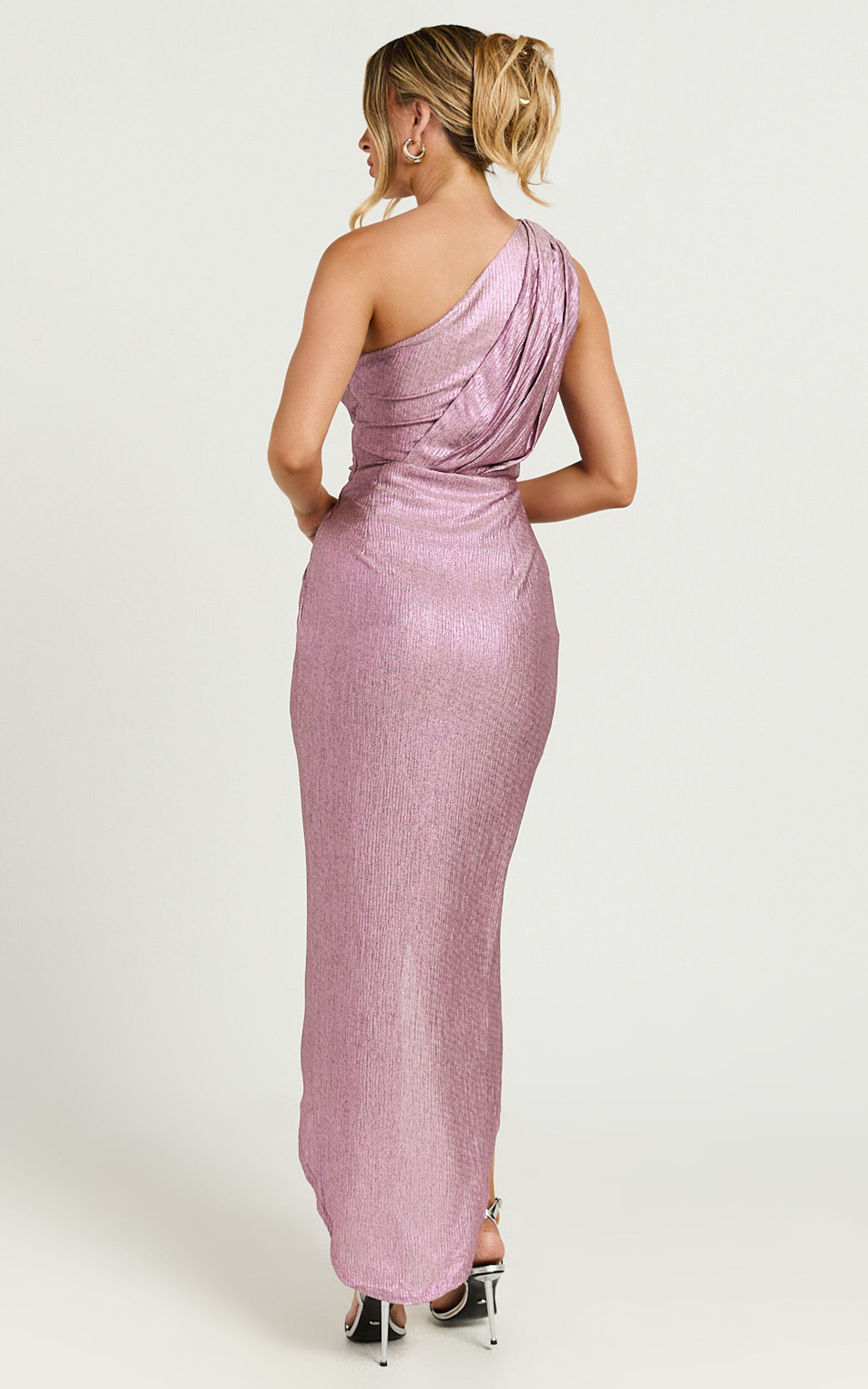 Davie Midi Dress - Metallic One Shoulder Front Wrap Dress in Soft Pink