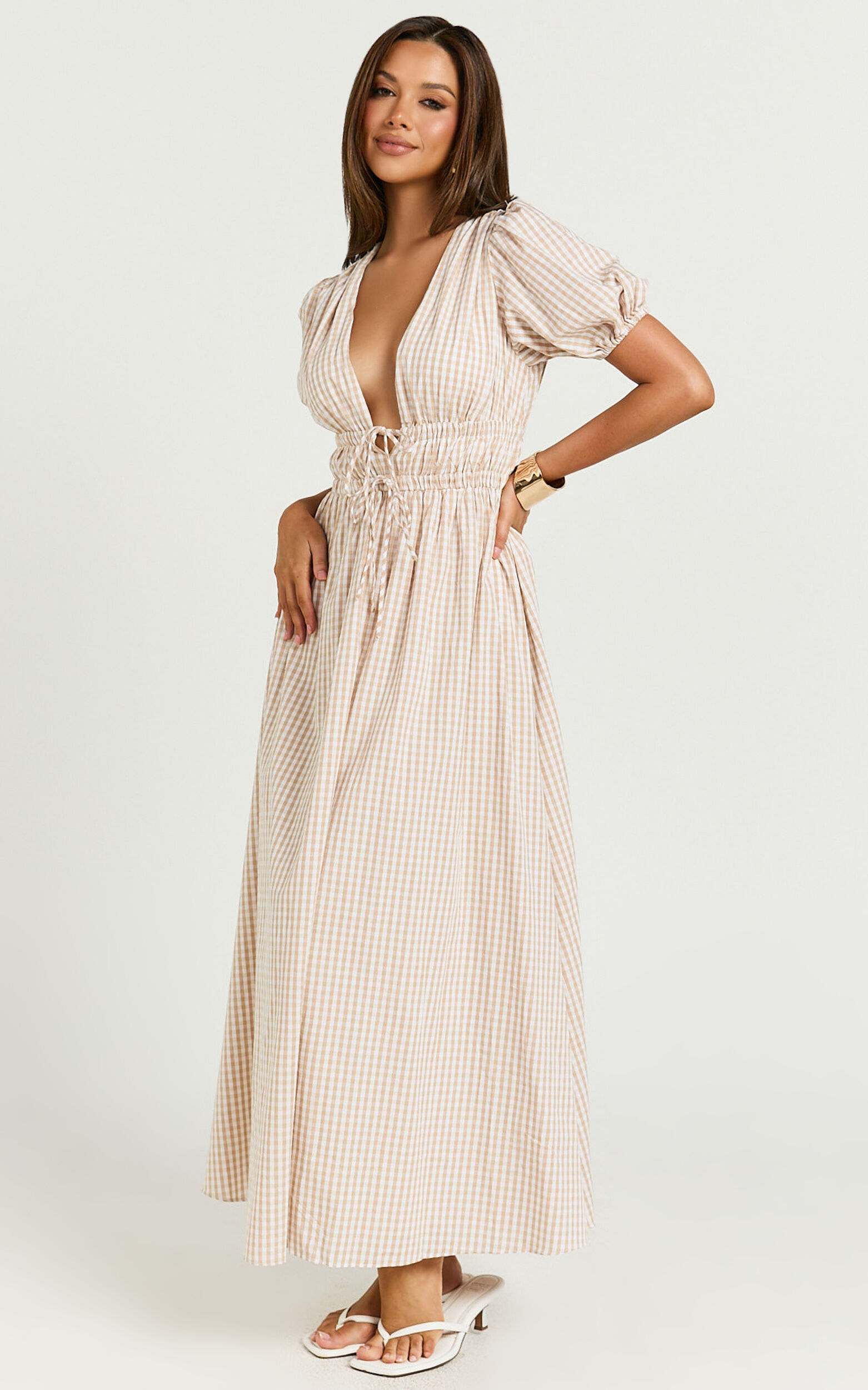 Matteo Midi Dress - Deep V Neck Puff Sleeve Dress in Light Gingham