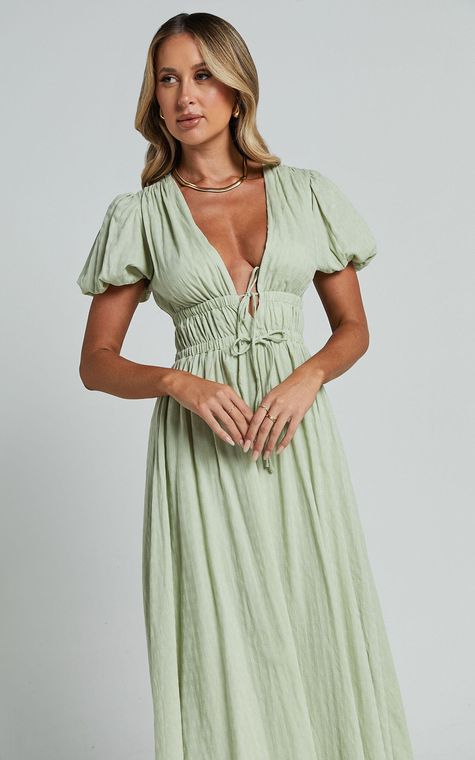 Matteo Midi Dress - Deep V Neck Puff Sleeve Dress in Sage