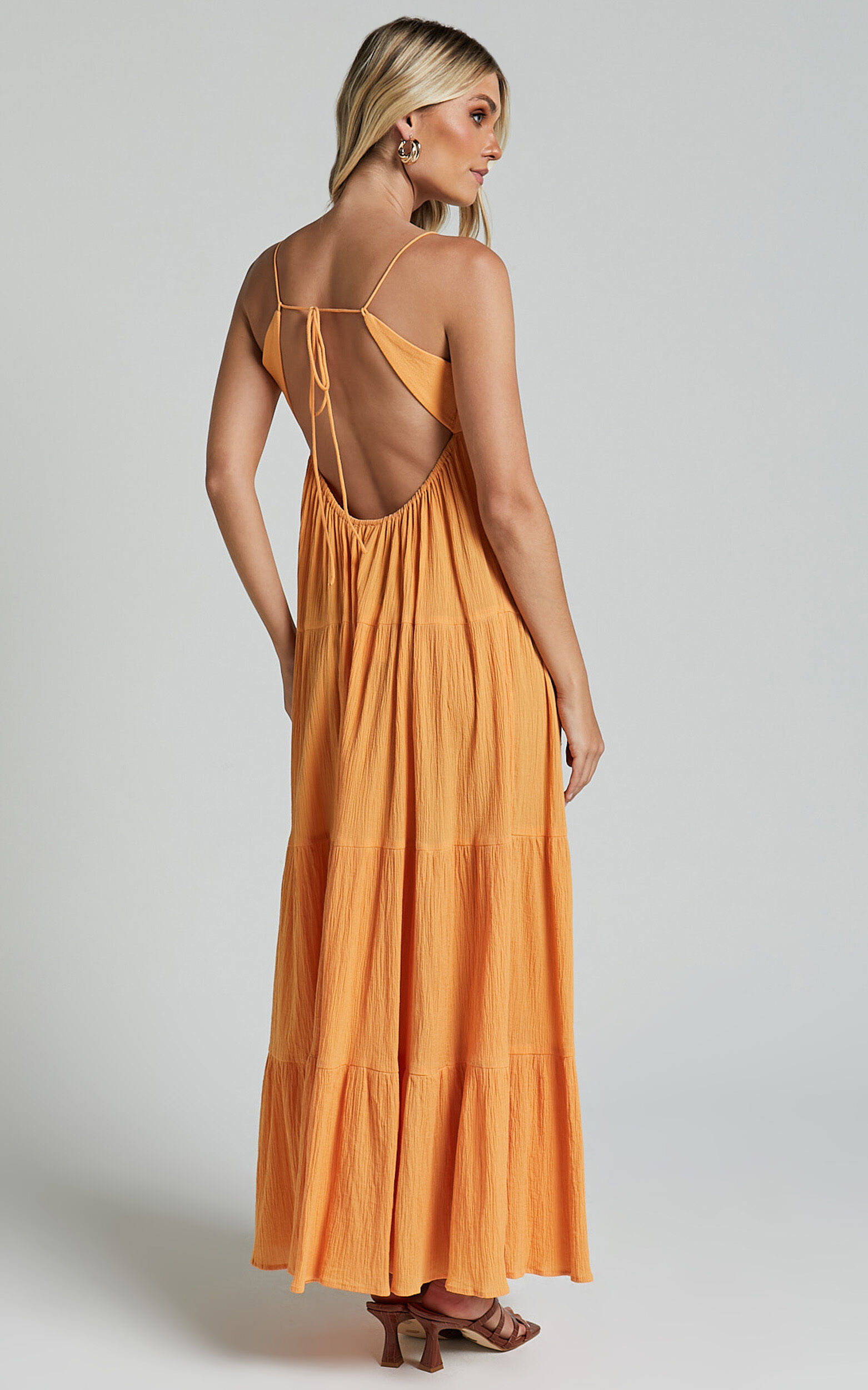 Chila Maxi Dress - Strappy Tie Front Low Back Tiered in Papaya Orange