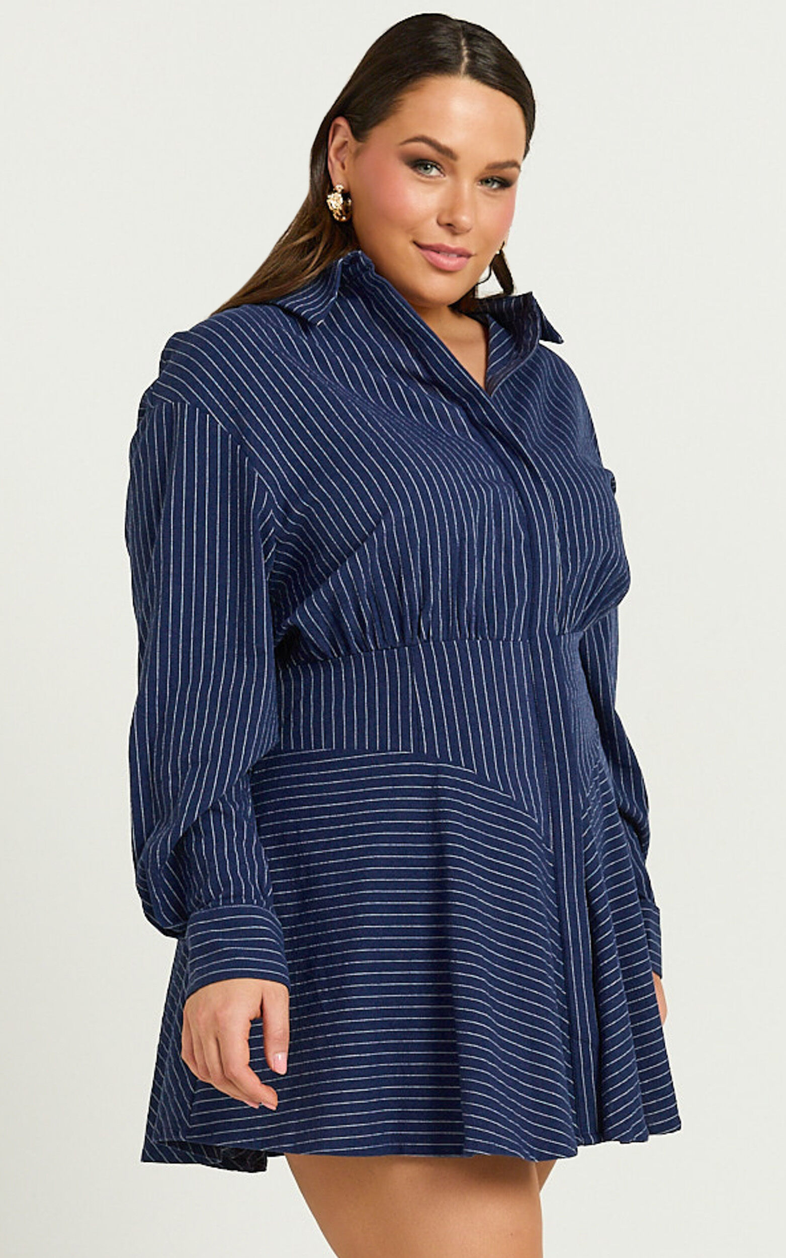 Whitney Mini Dress - Linen Long Sleeve Shirt Dress in Navy