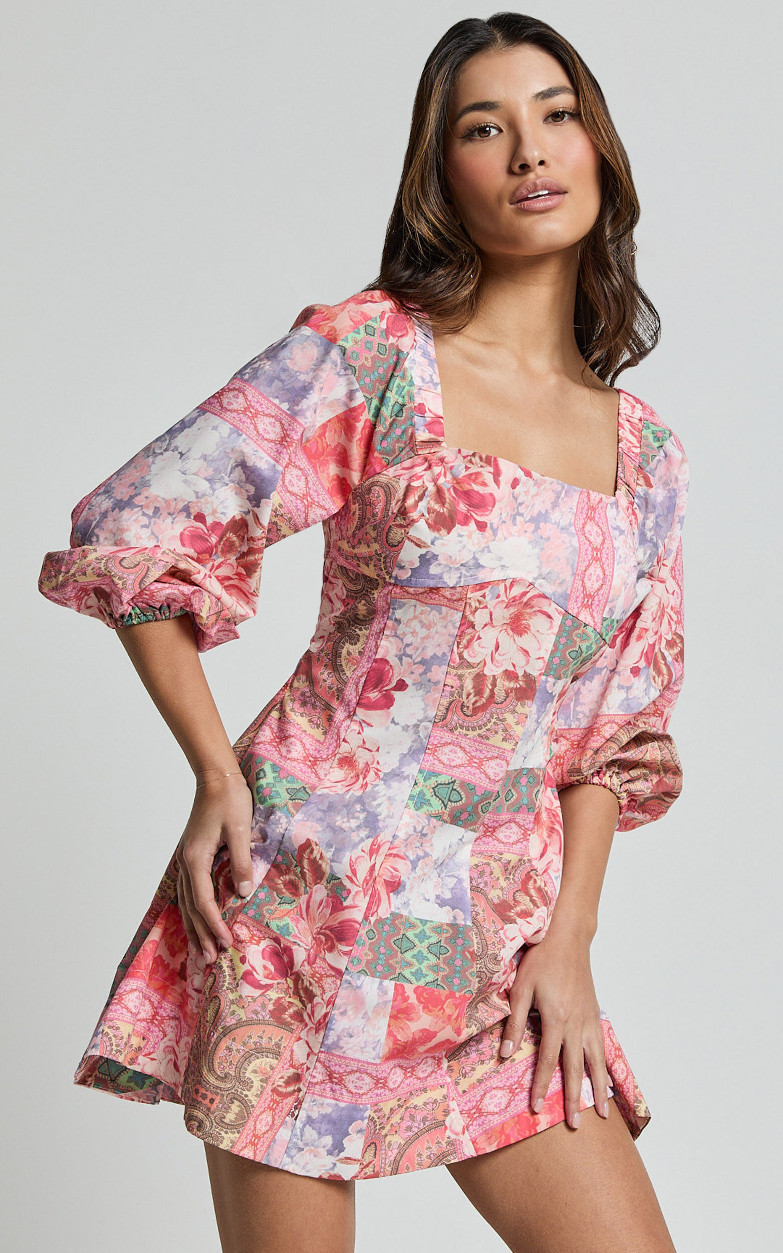 Enya Mini Dress - Puff Sleeve Empire Waist Dress in Floral Mosaic Print