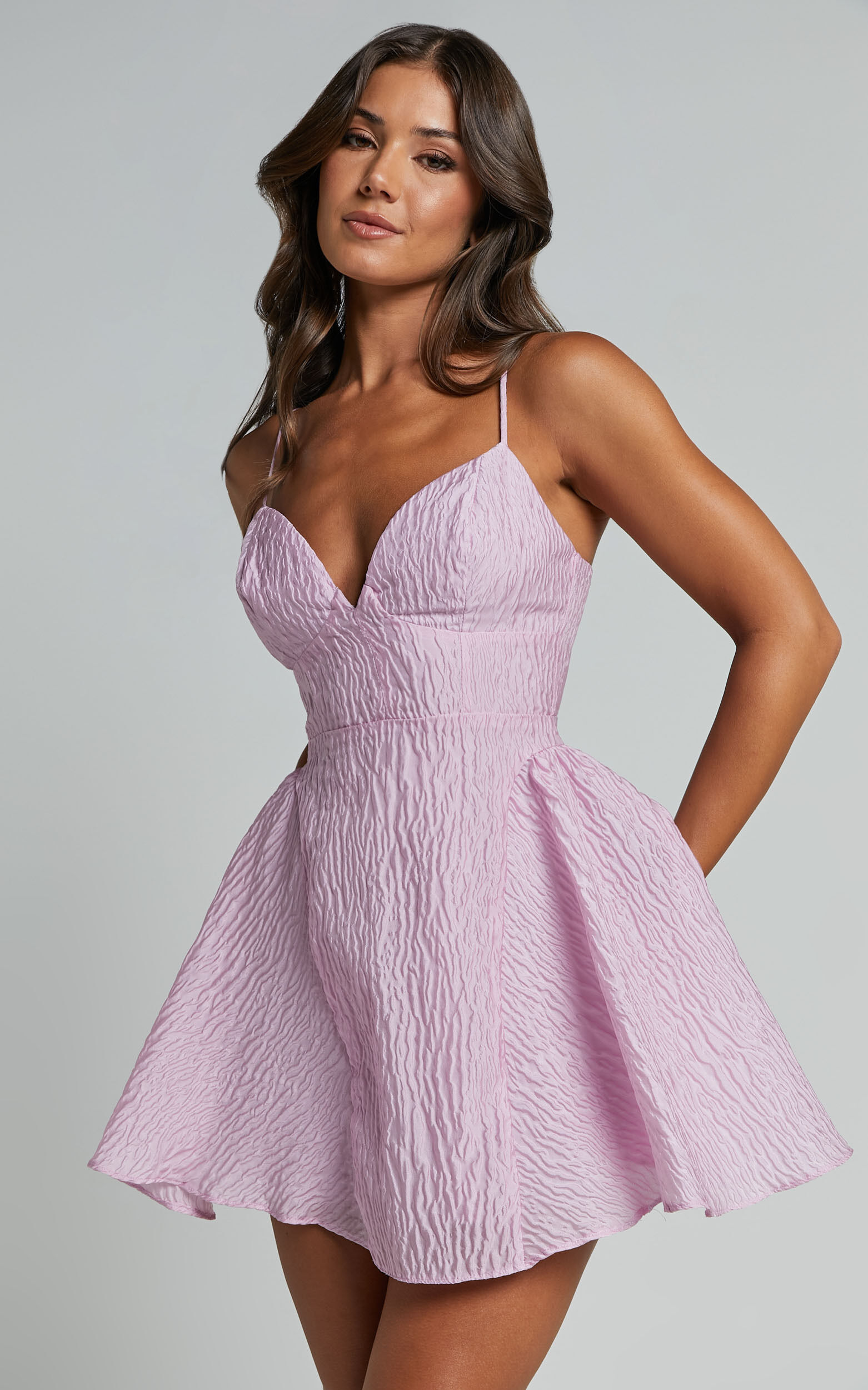 Brandi Mini Dress - Bust Cup Full Hem Textured Jacquard Mini Dress in Light Pink