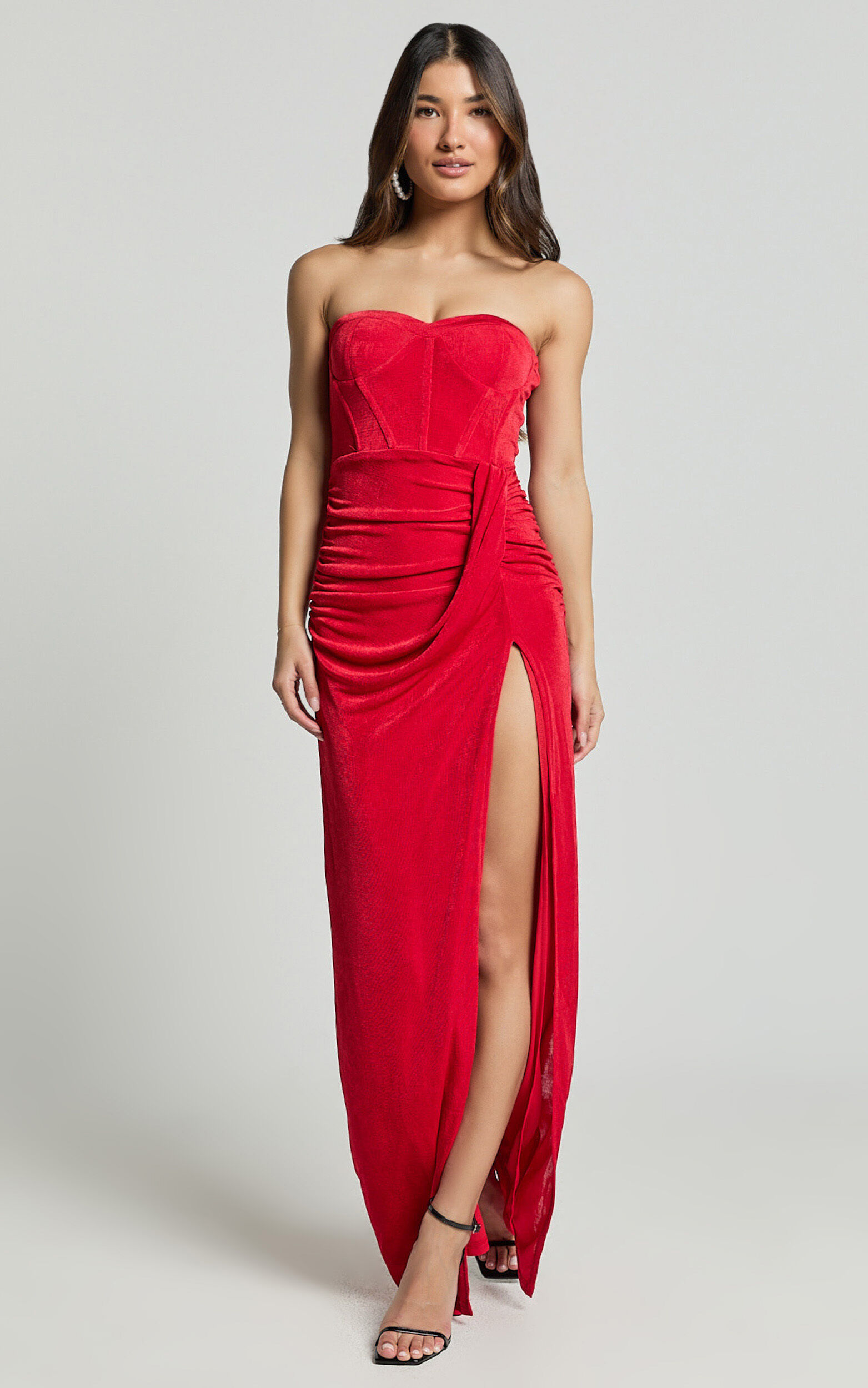 Brydie Maxi Dress - Strapless Corset Draped High Split Dress in Red