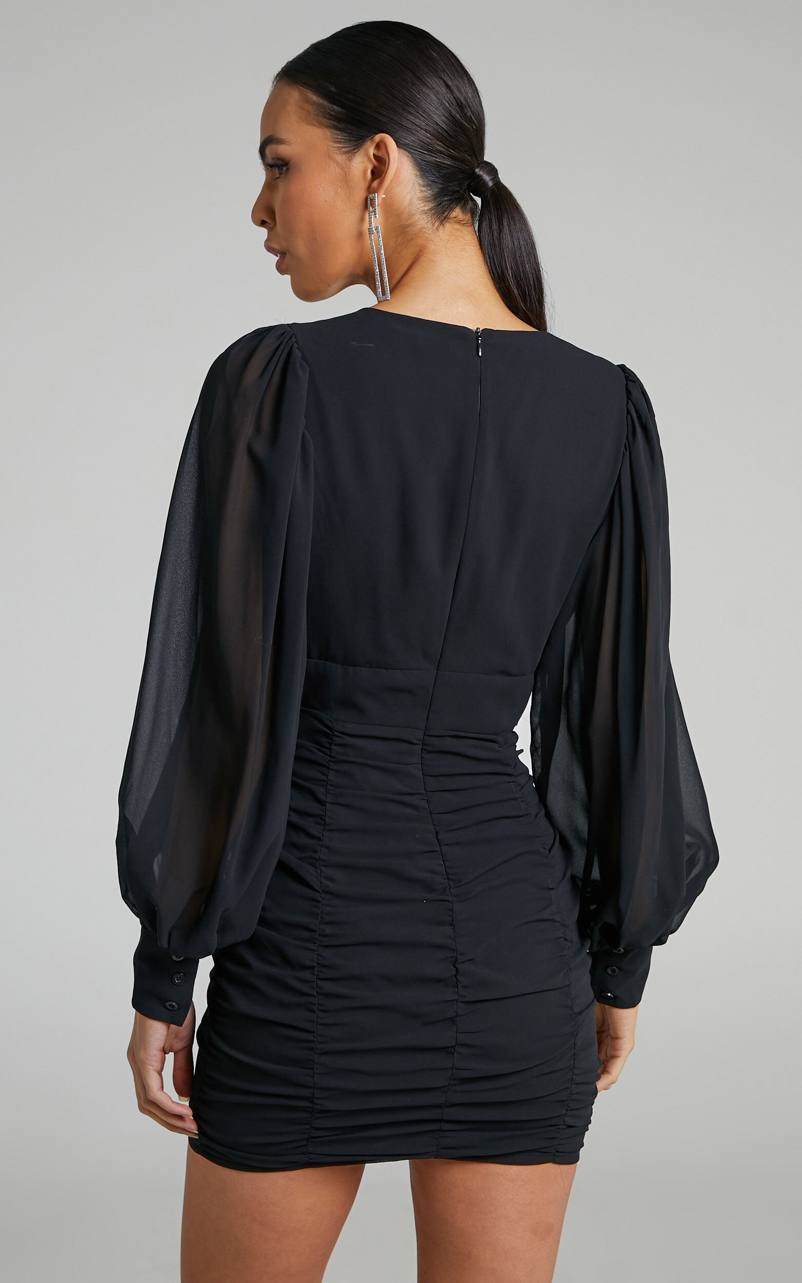 Hollis Mini Dress - Ruched Long Sleeve Plunge Neck Dress in Black
